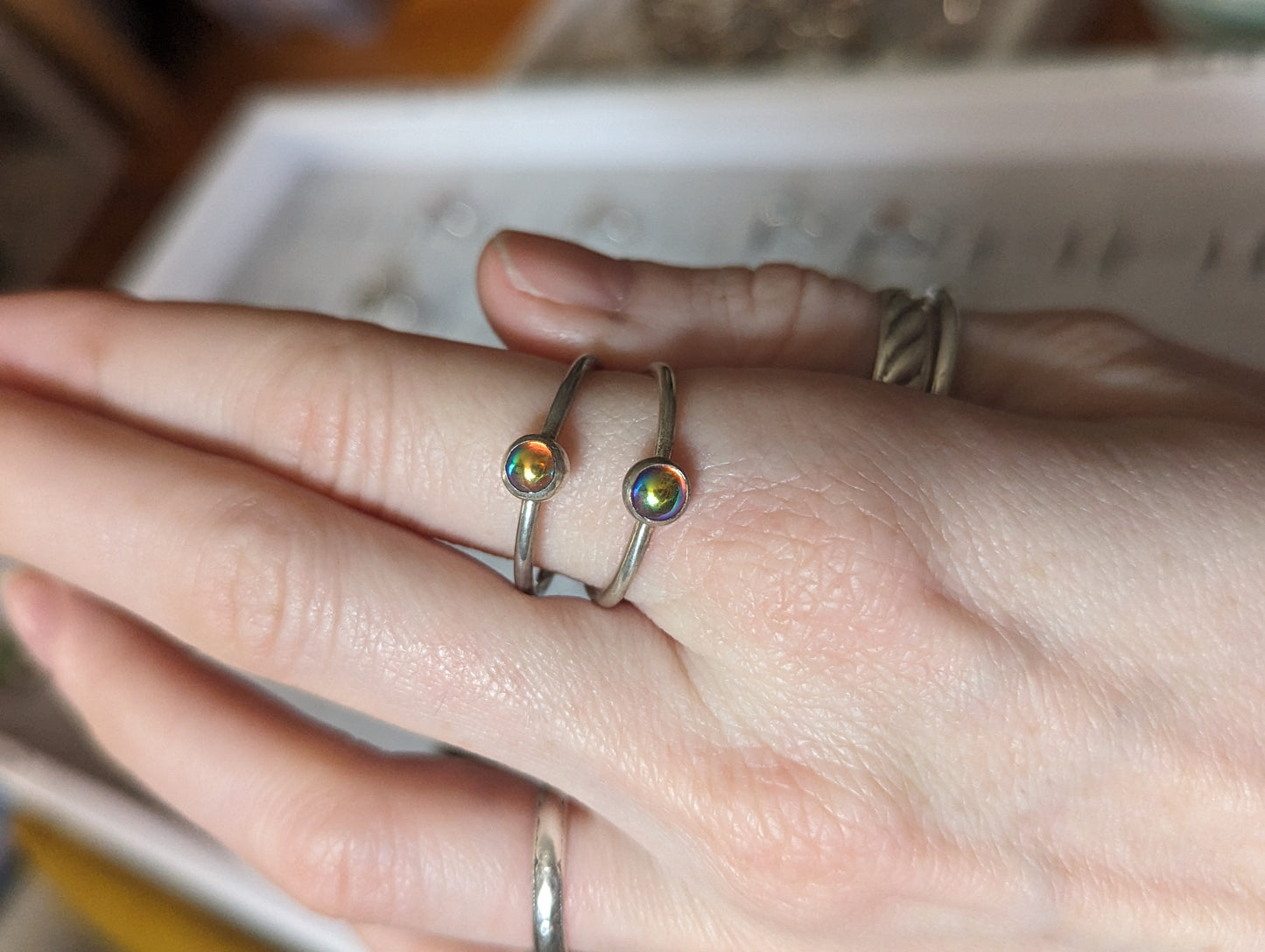 Vintage Rainbow Aura Glass Silver Stacker Rings (various sizes available) MTO