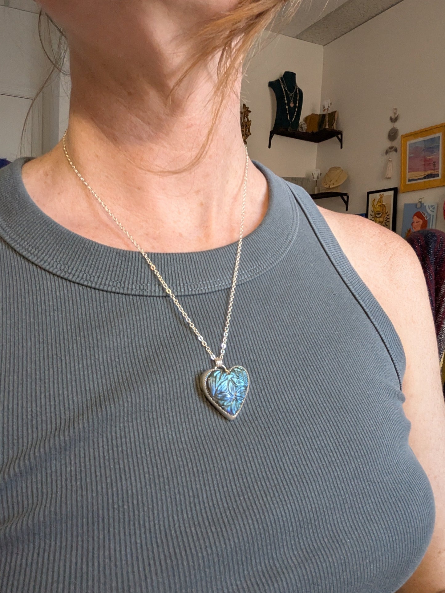 Large Carved Labradorite Heart Sterling Silver Necklace