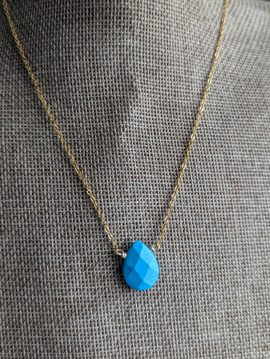 Faceted Turquoise Howlite Tear Drop Gold Stainless Necklace