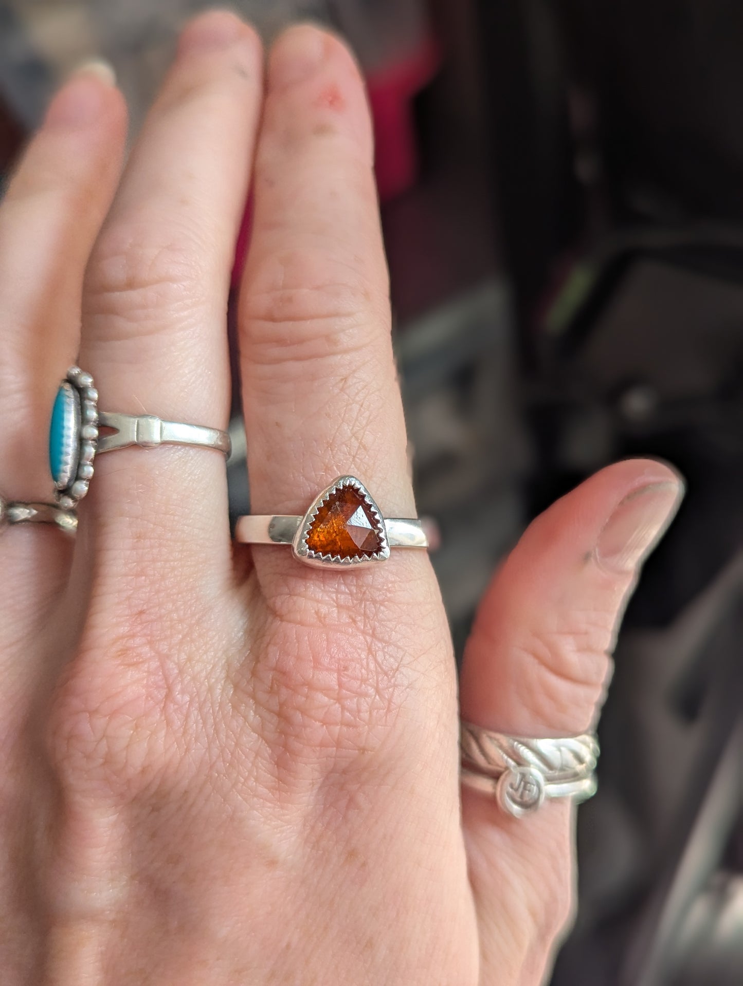 Faceted Orange Kyanite Trillion Silver Ring - Size 7 + 11