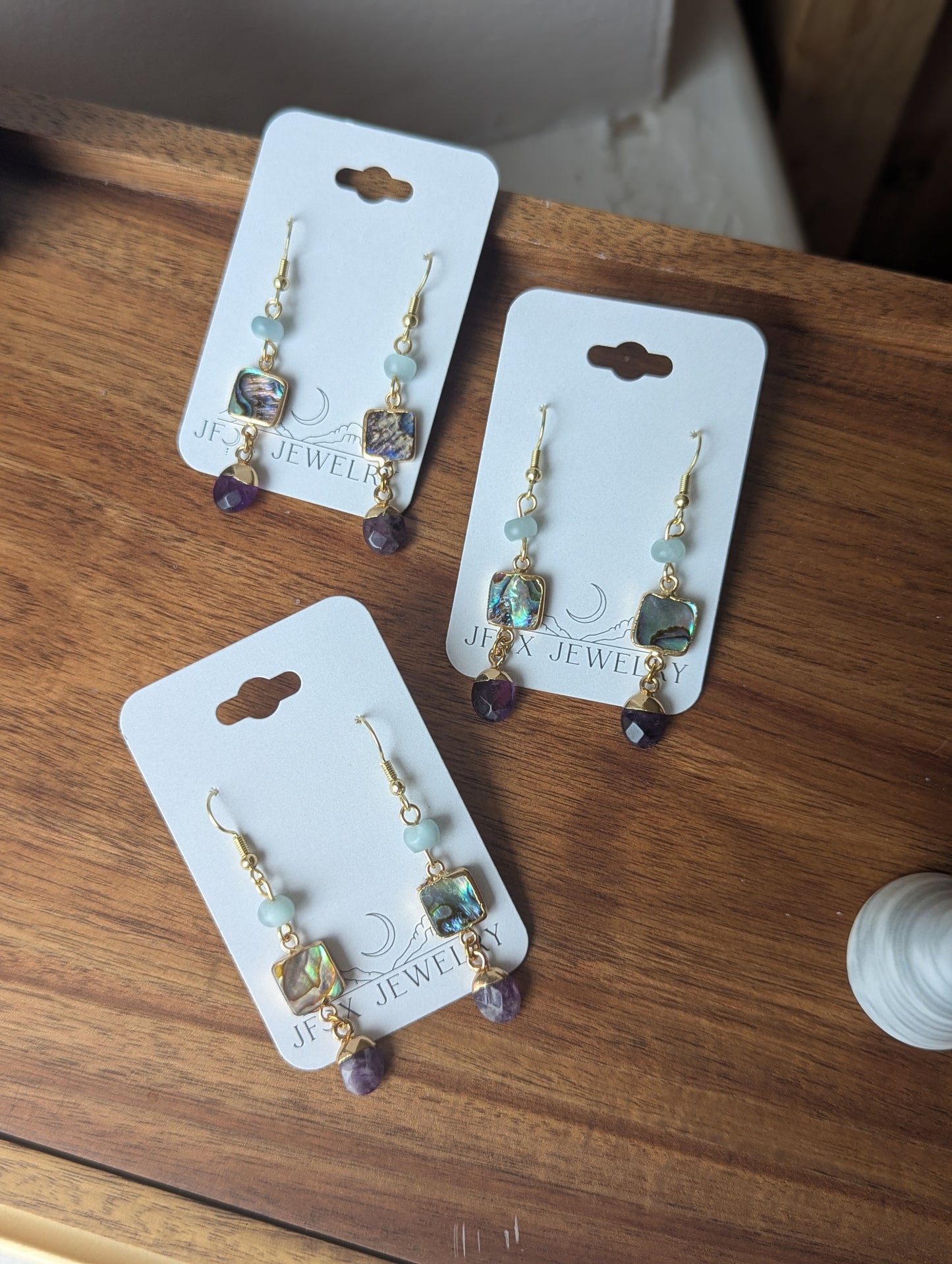 Aquamarine, Abalone, Amethyst Trio Earrings