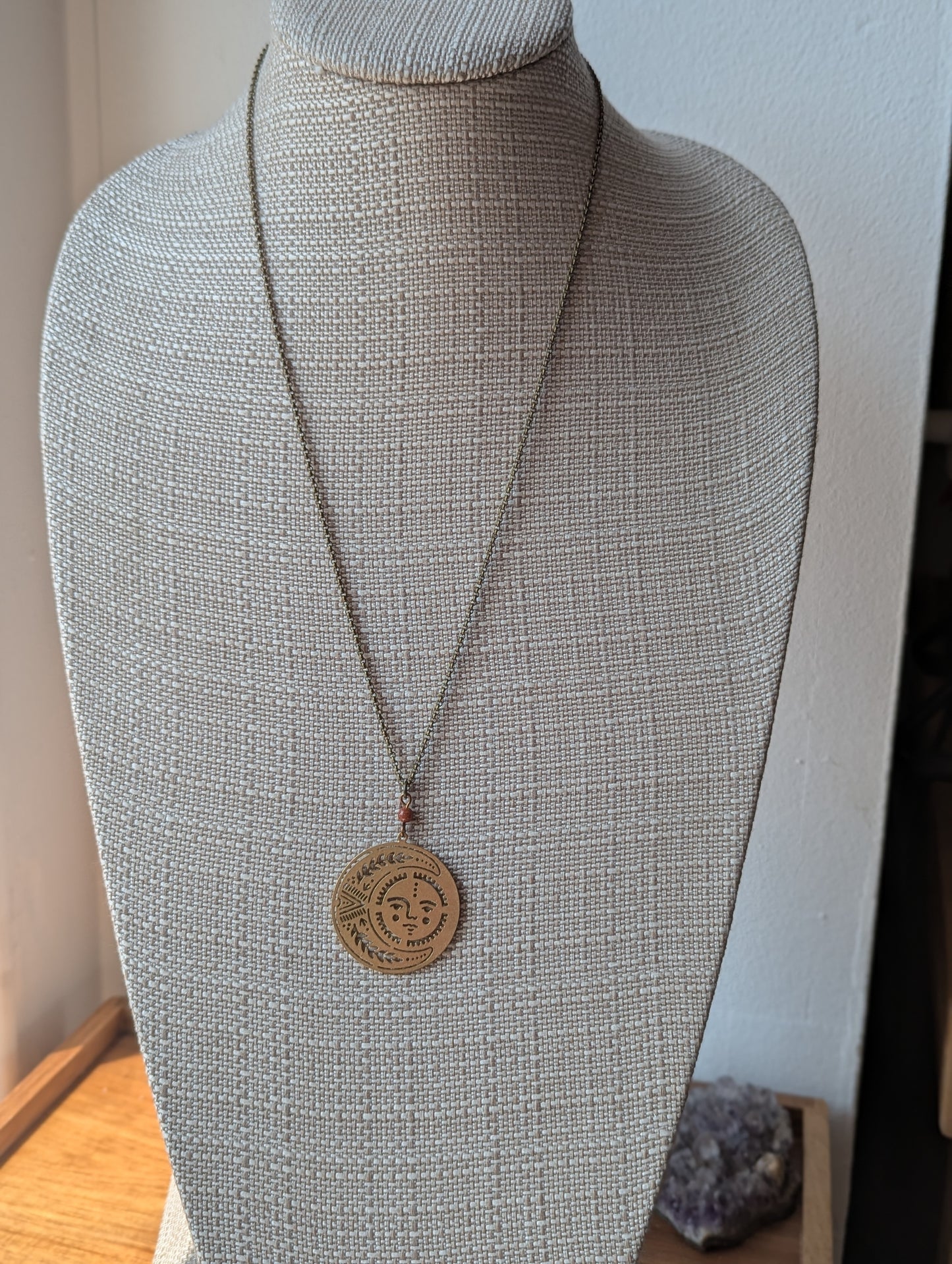 Brass Sun and Moon Red Goldstone Long Necklace