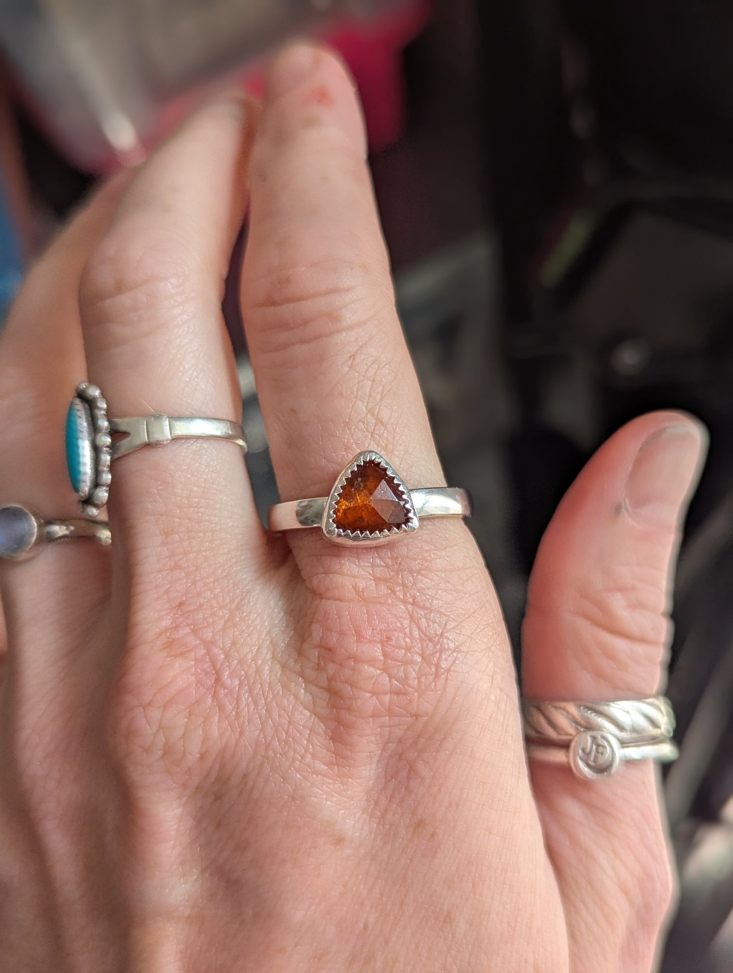 Faceted Orange Kyanite Trillion Silver Ring - Size 7 + 11