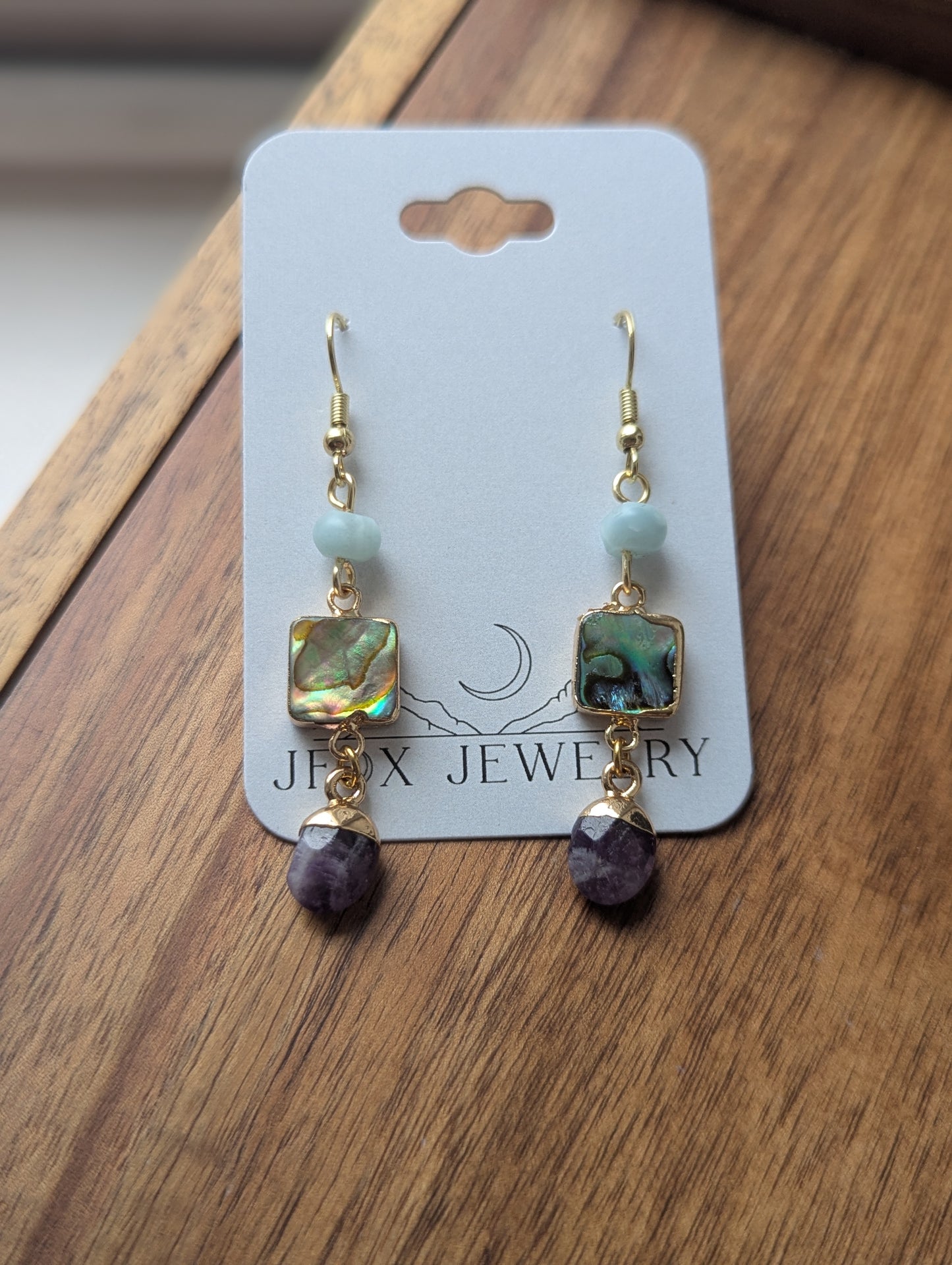 Aquamarine, Abalone, Amethyst Trio Earrings