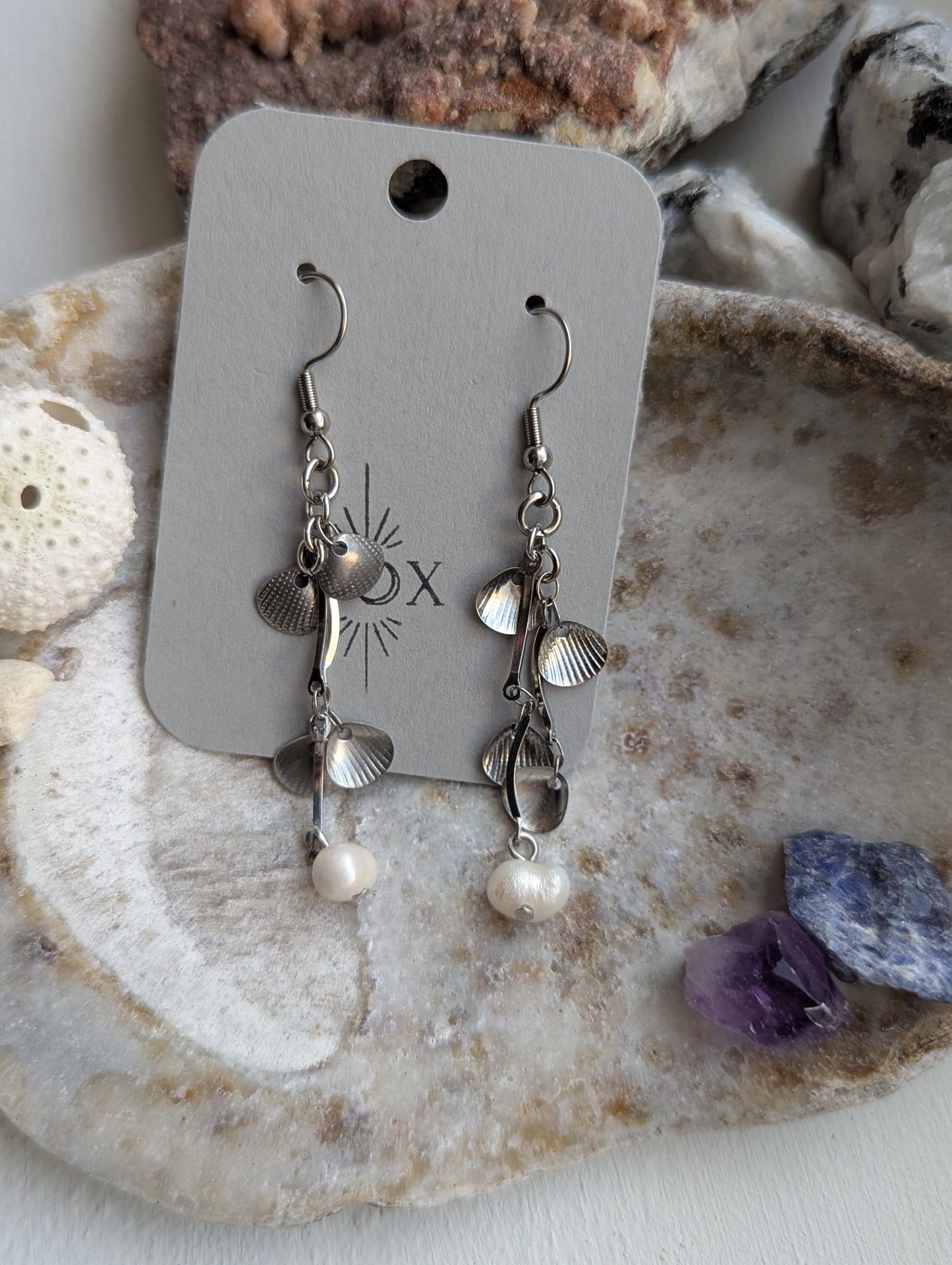 Dangly Silver Shell and Freshwater Pearl Earrings