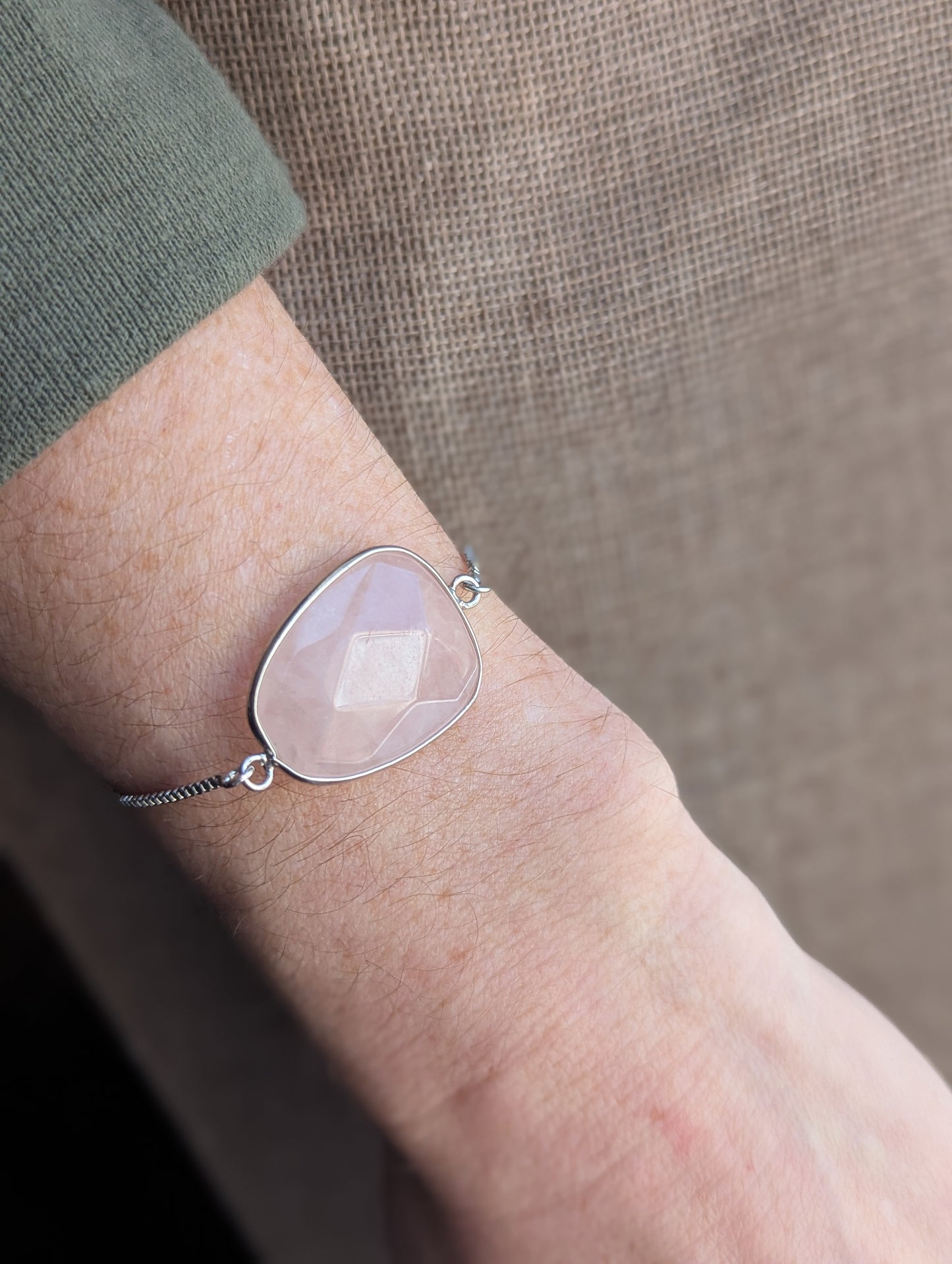 Large Faceted Rose Quartz Silver Slider Bracelet