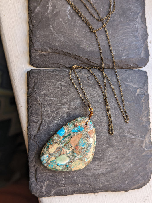 Aqua Sea Sediment Jasper Pendant on Brass Necklace