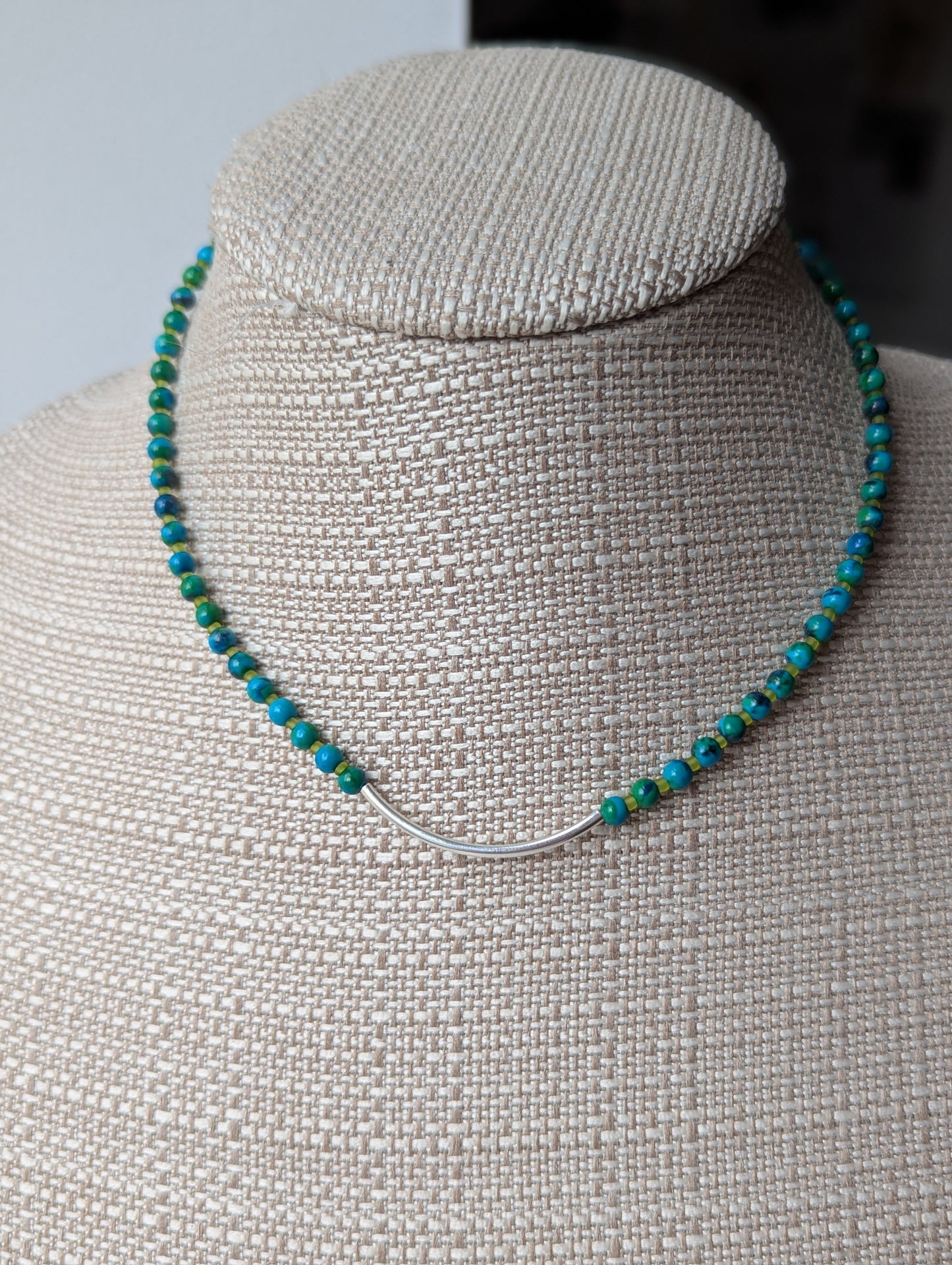Azurite Chrysocolla Silver Curved Bar Necklace
