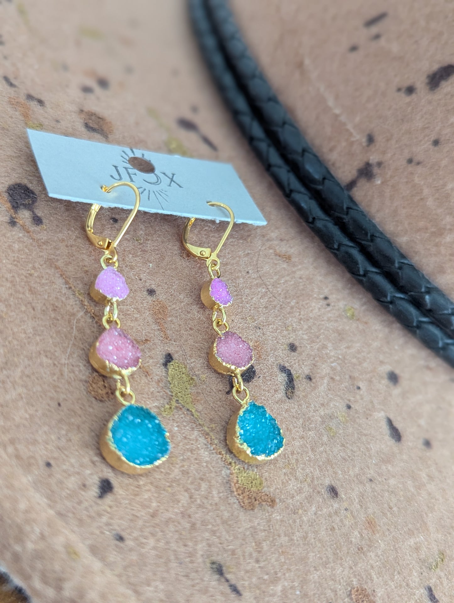 Pink, Blue, Red Druzy Trio Gold Hoop Earrings