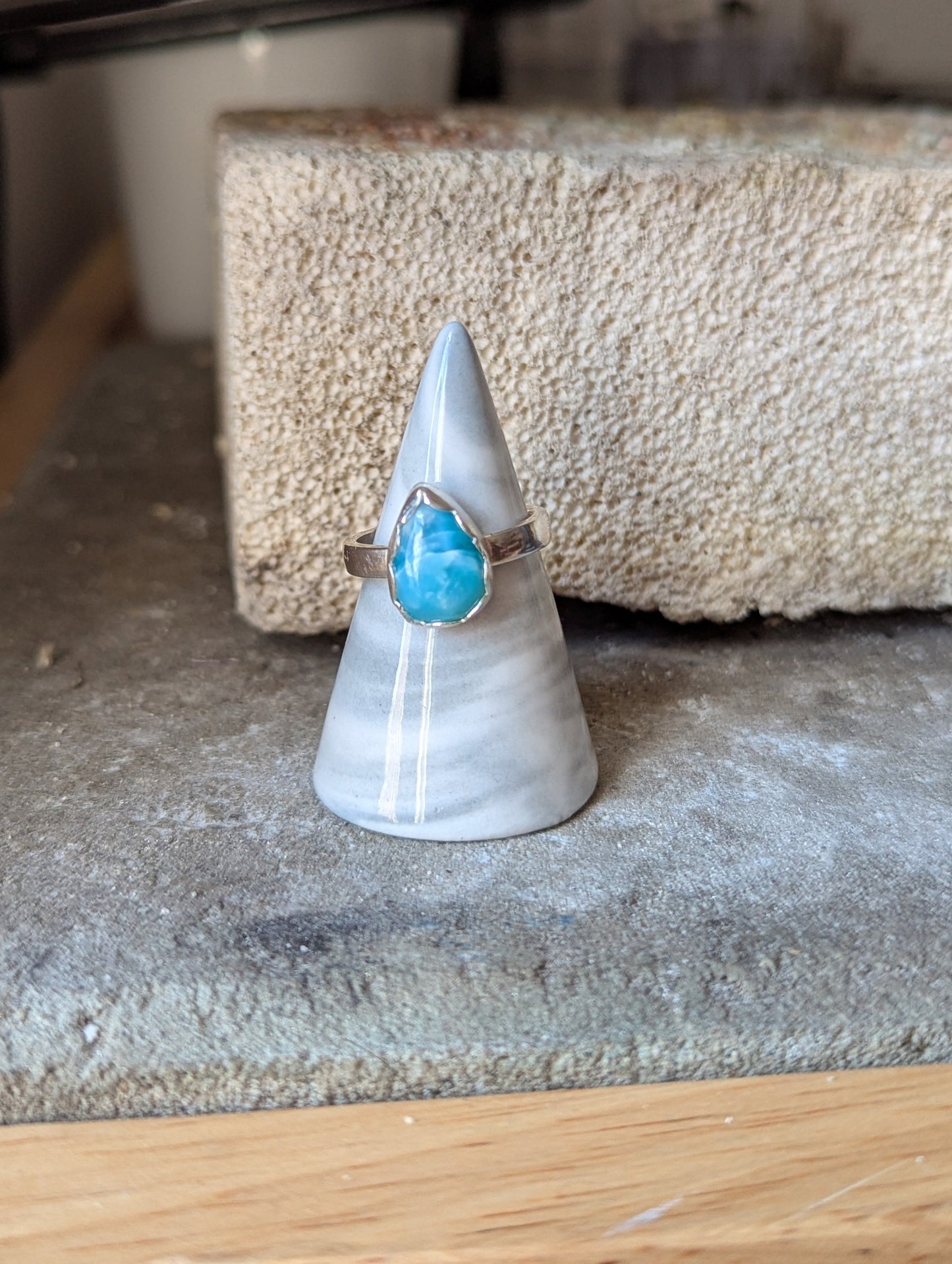 Larimar Tear Drop Sterling Silver Ring - Size 8.5