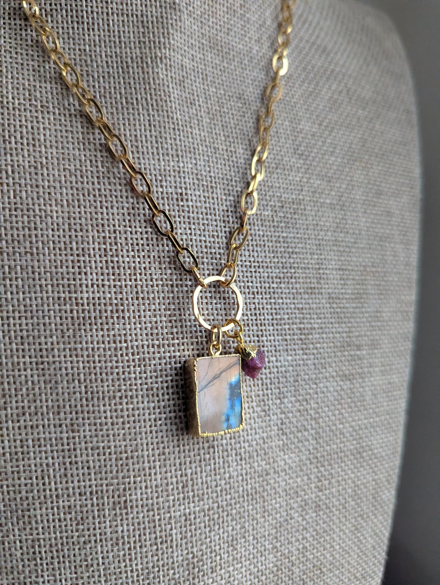 Labradorite and Pink Tourmaline Gold Necklace