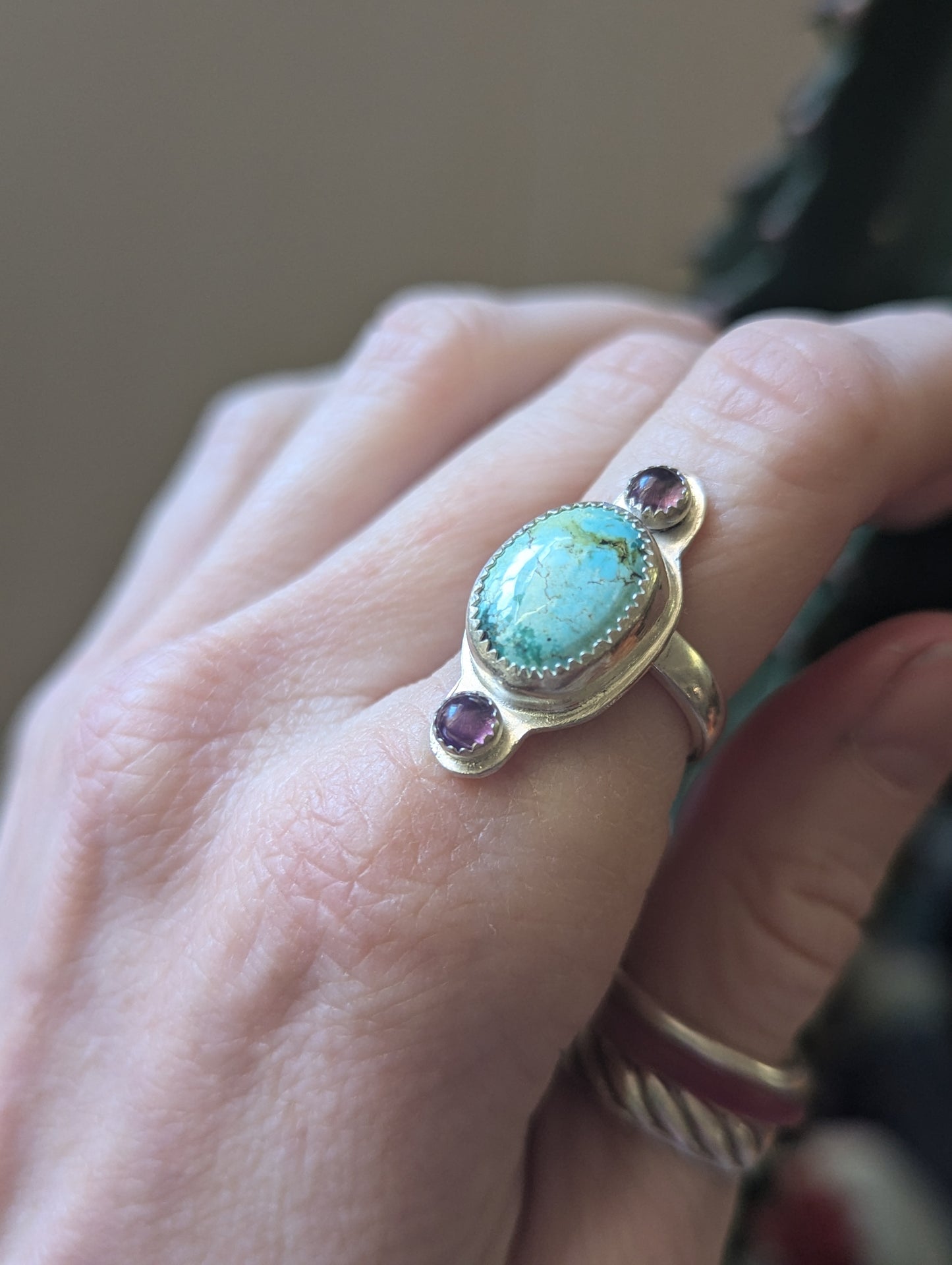 Turquoise and Amethyst Trio Sterling Ring - Size 6