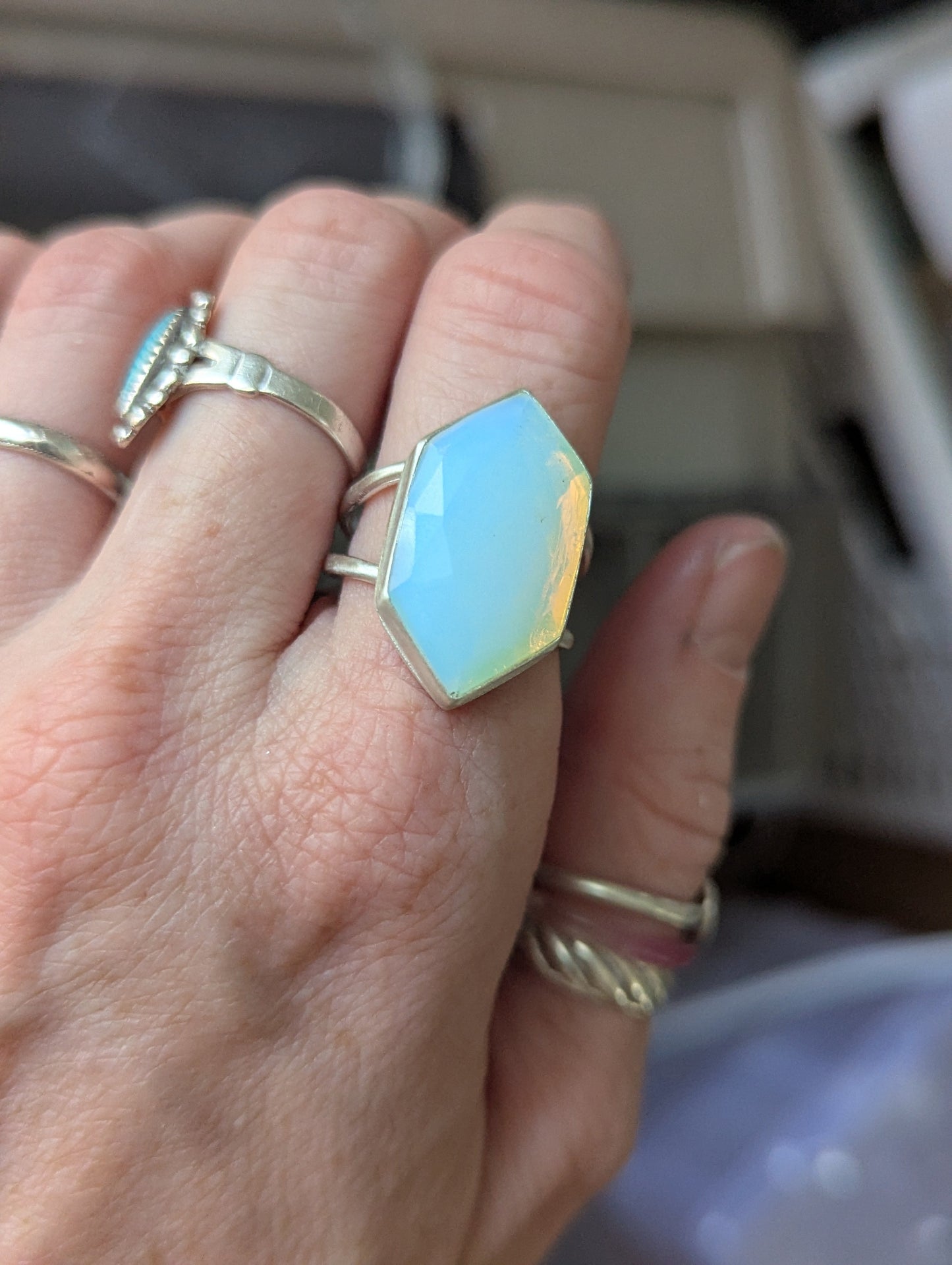 Opalite Diamond Silver Ring - Size 9