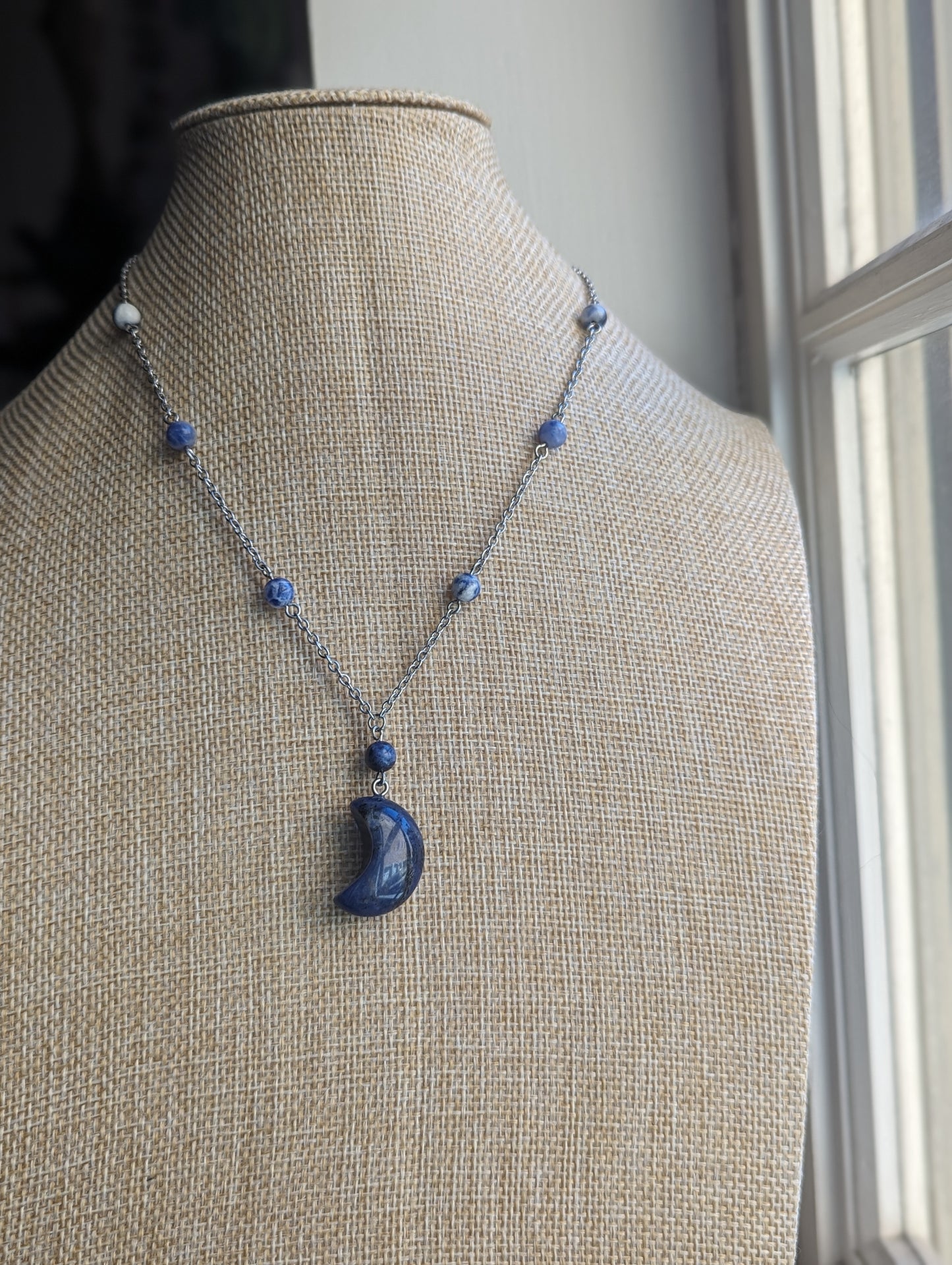 Sodalite Crescent Moon on Stainless Necklace