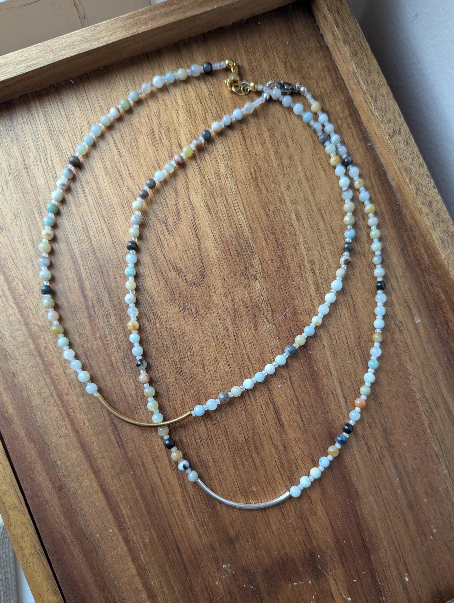 Amazonite Curved Bar Beaded Necklace (silver or gold)