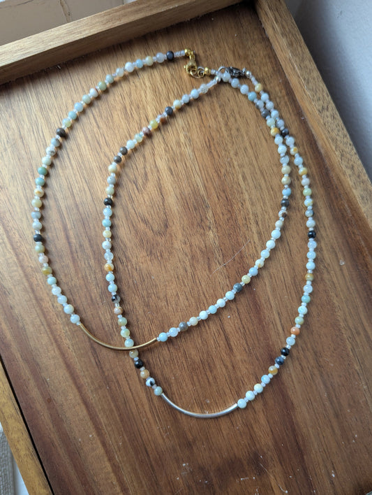 Amazonite Curved Bar Beaded Necklace (silver or gold)