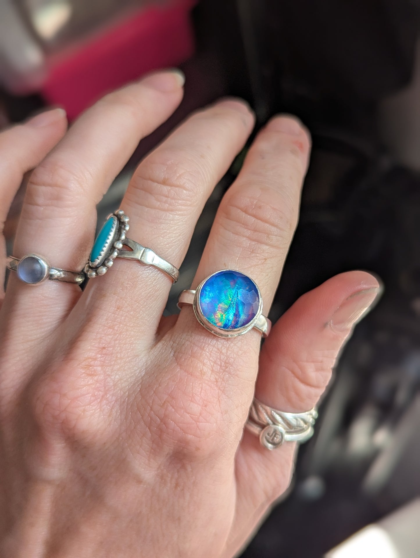 Faceted Blue Aurora Opal Round Sterling Ring - Size 8