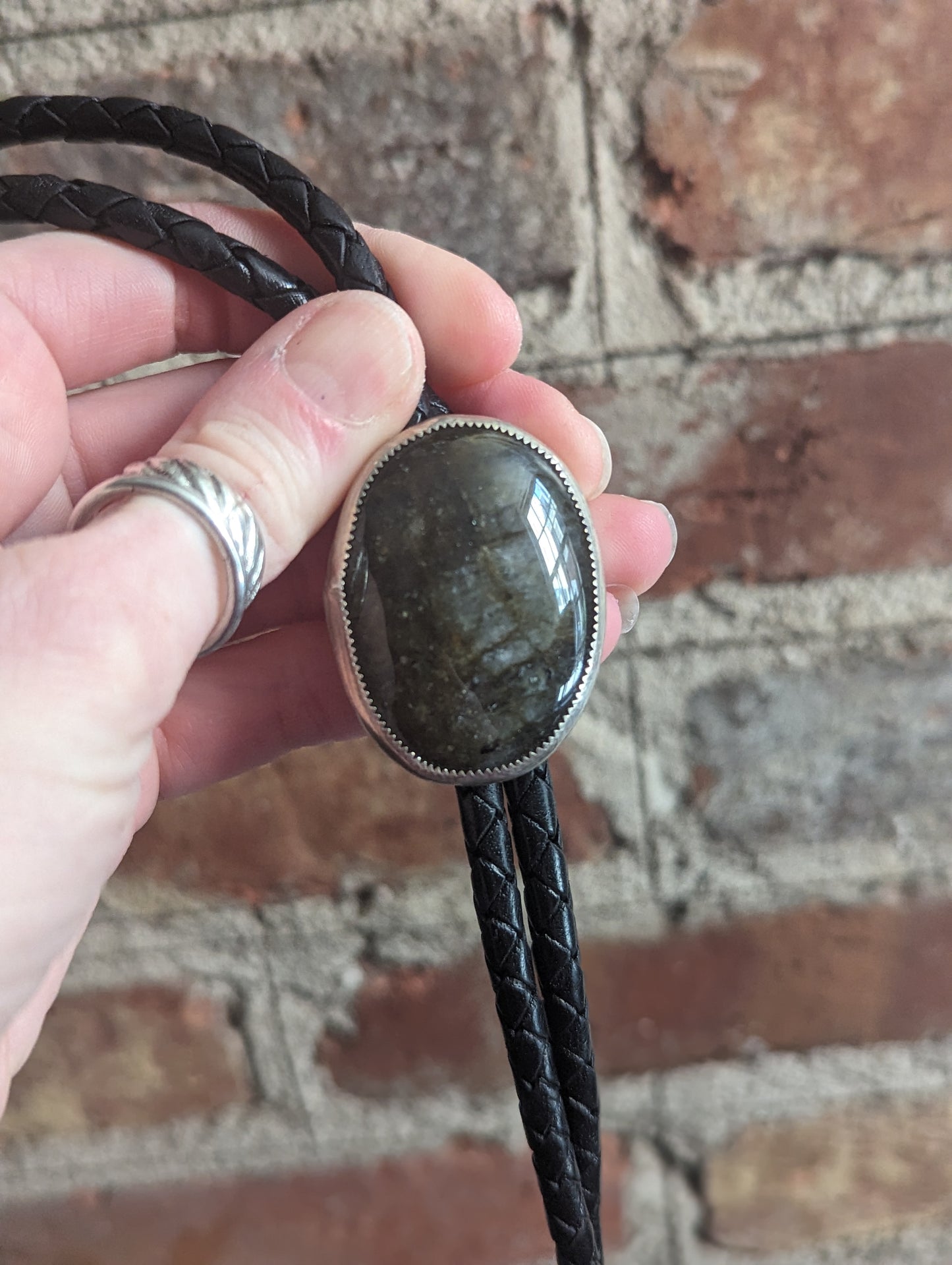 Large Labradorite Black Leather Bolo Tie (discounted)