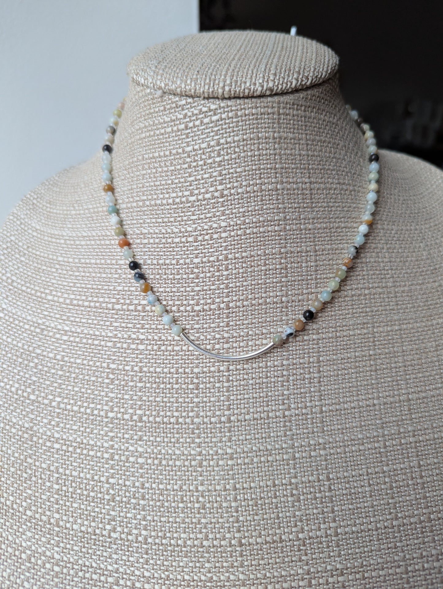 Amazonite Curved Bar Beaded Necklace (silver or gold)