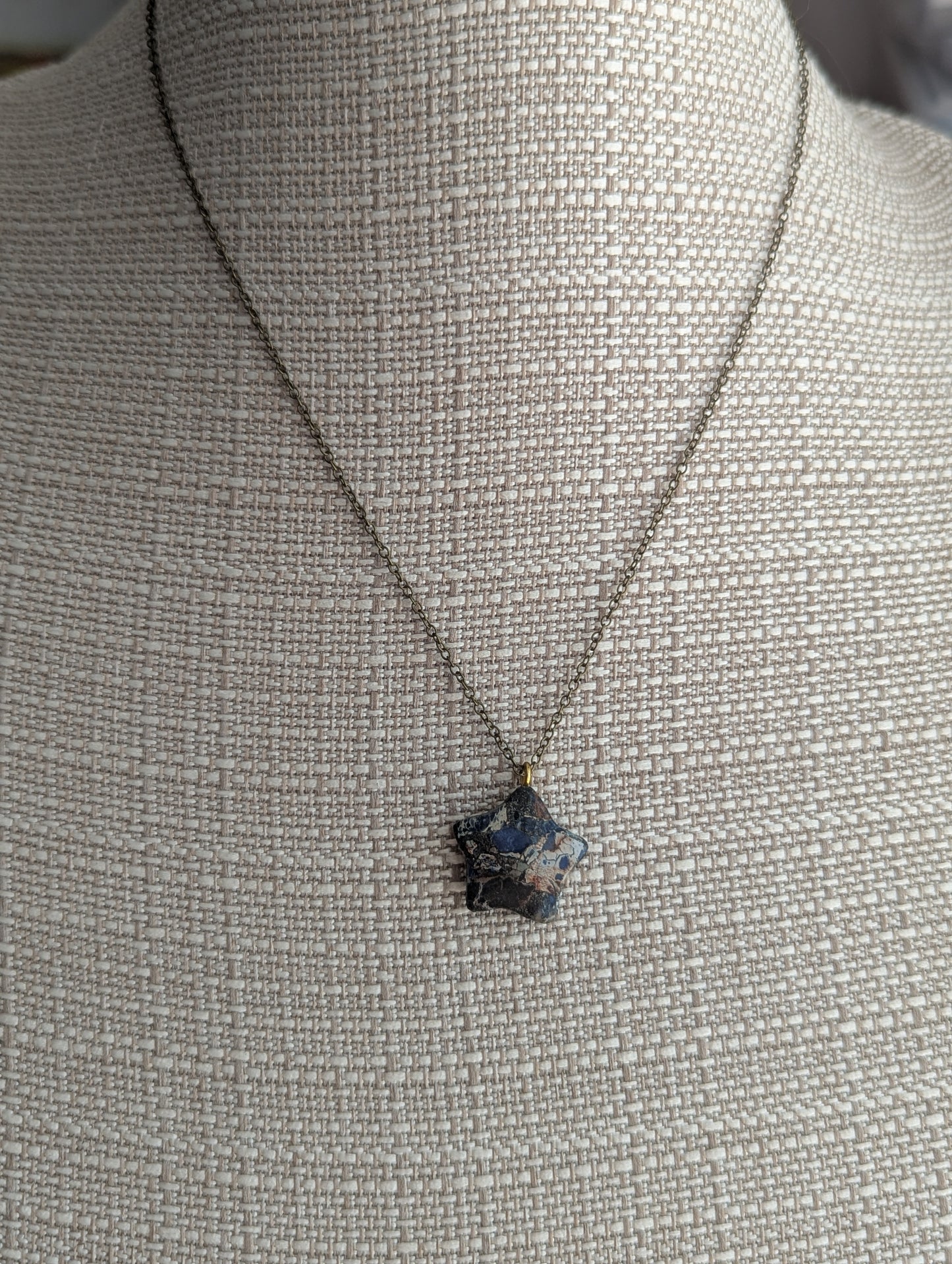 Blue Sea Sediment Jasper Star Brass Necklace