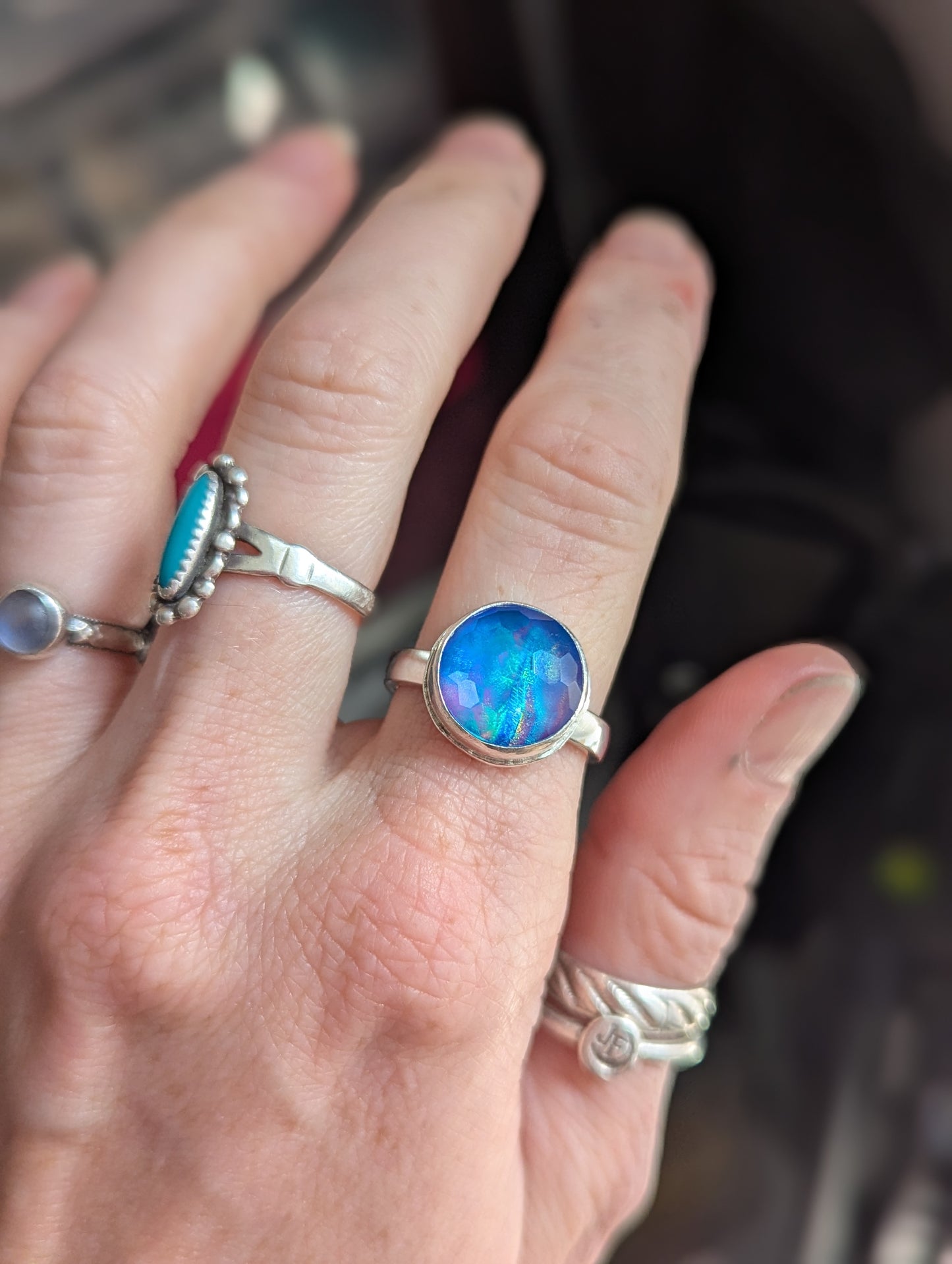 Faceted Blue Aurora Opal Round Sterling Ring - Size 8
