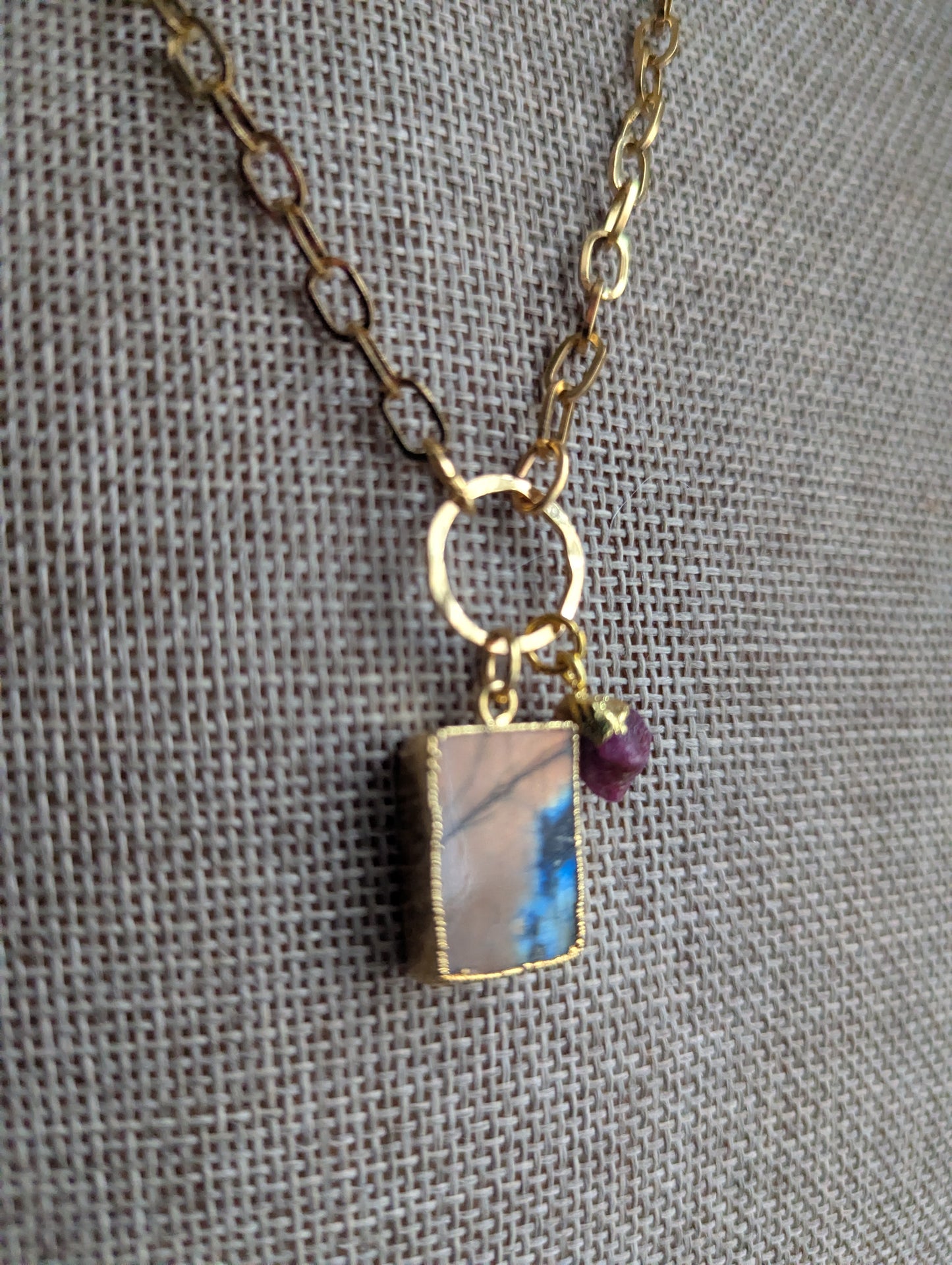 Labradorite and Pink Tourmaline Gold Necklace