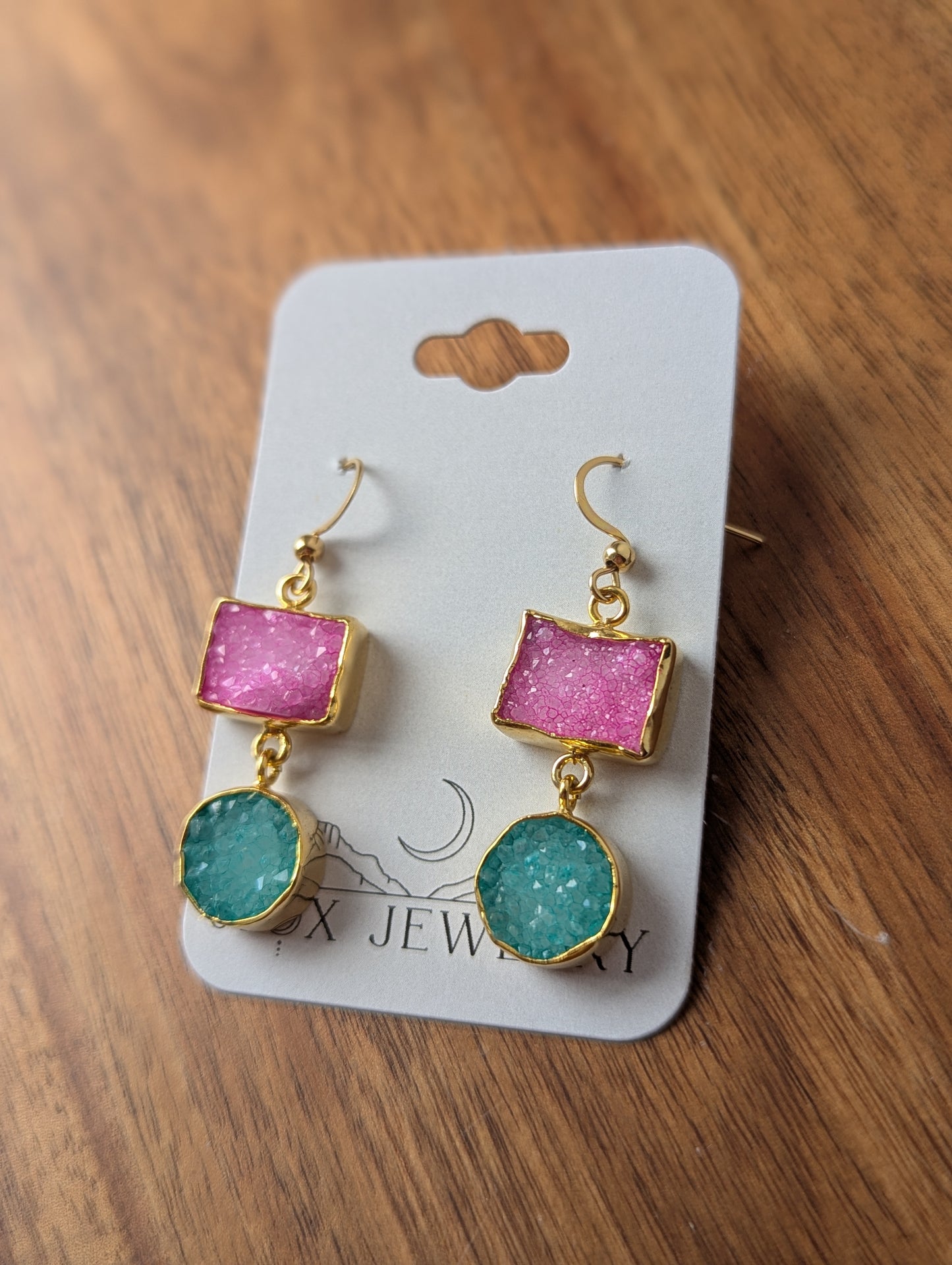Turquoise and Pink Druzy Duo Gold Earrings