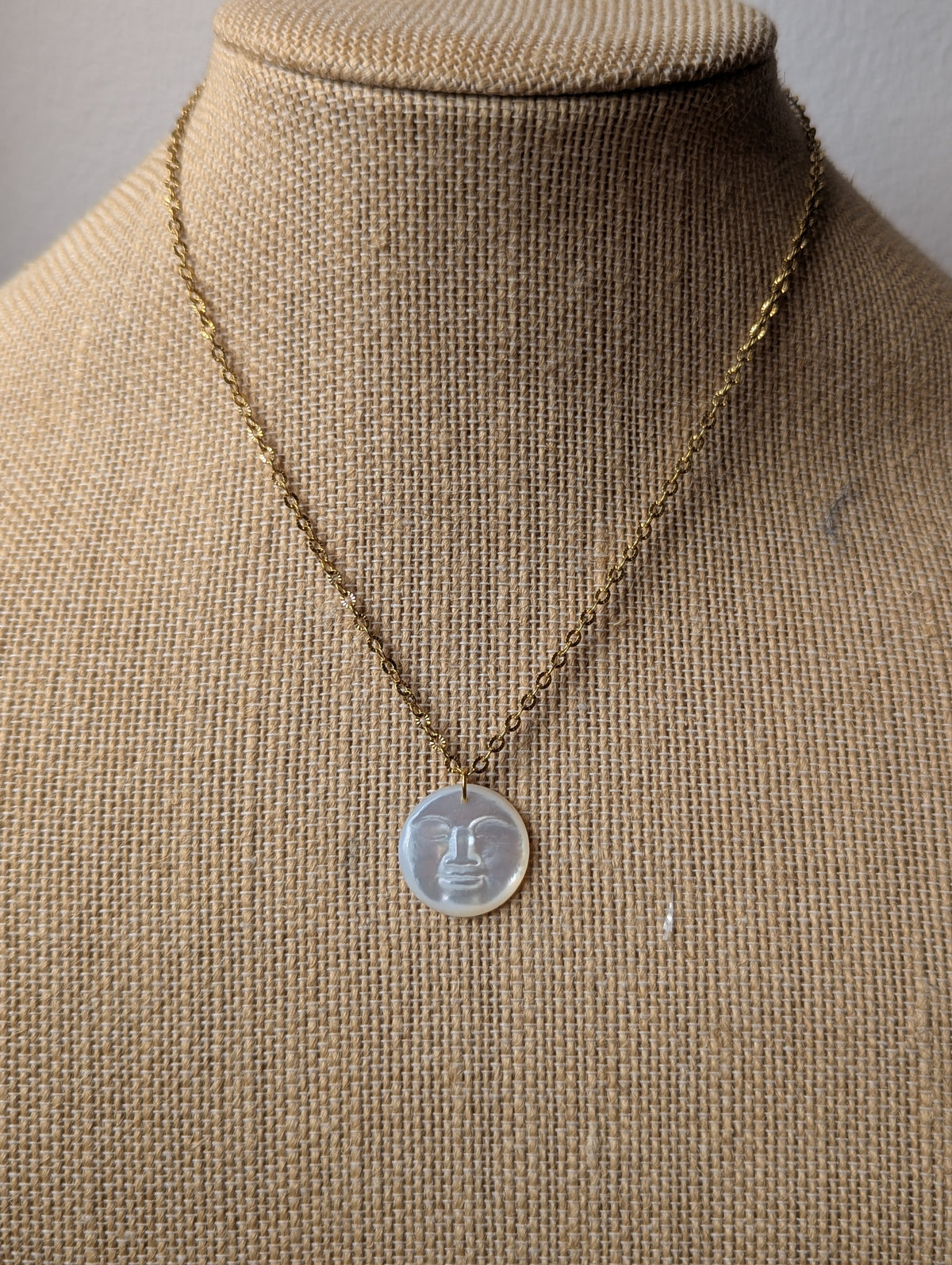Carved Mother of Pearl Full Moon Necklace (Gold or Silver)