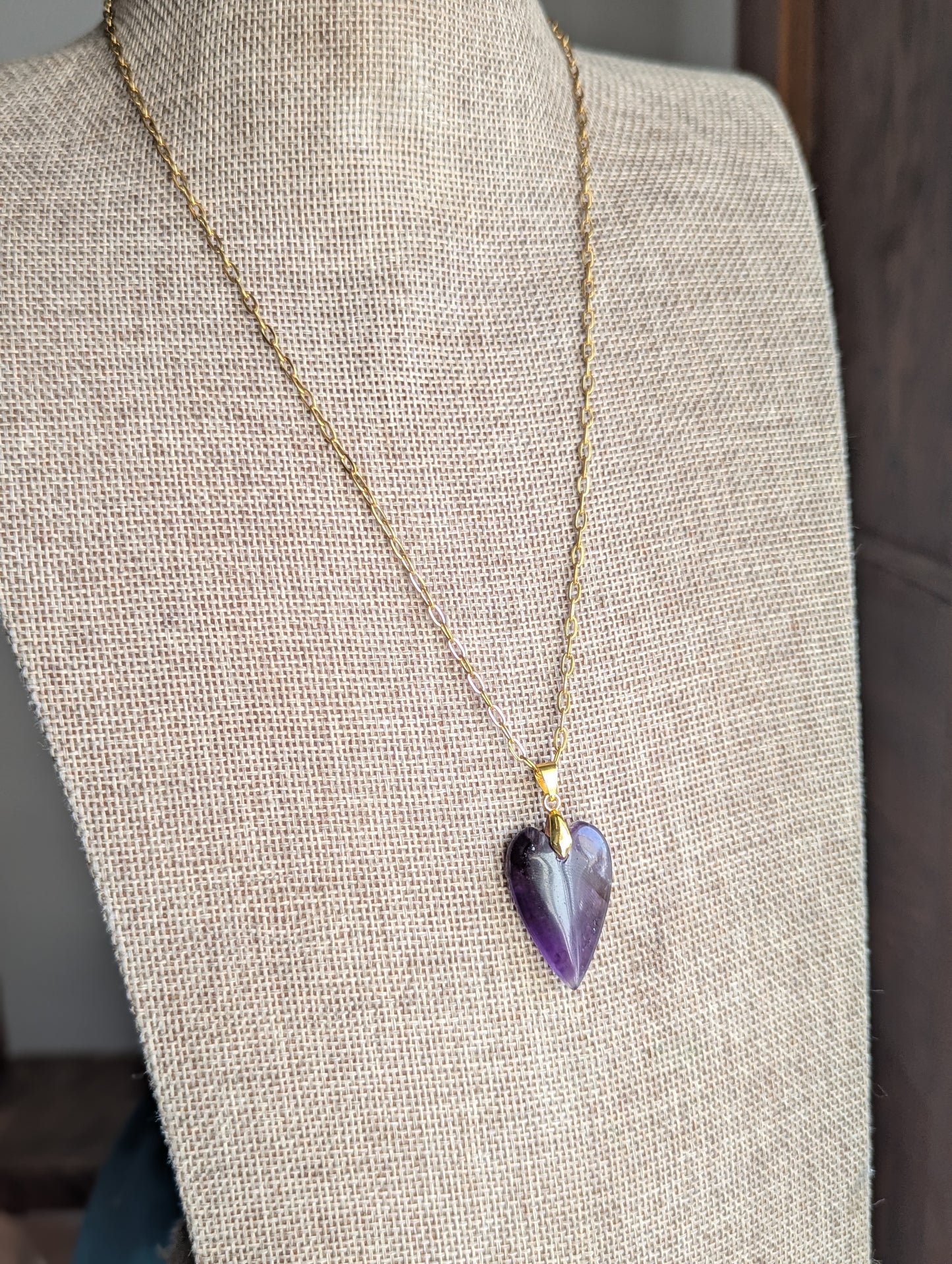 Amethyst Heart Gold Paperclip Necklace