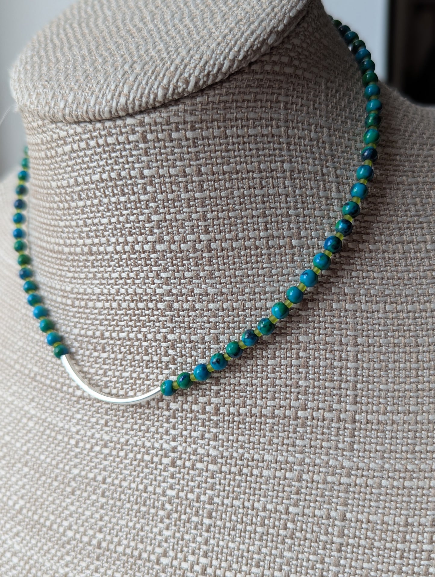 Azurite Chrysocolla Silver Curved Bar Necklace