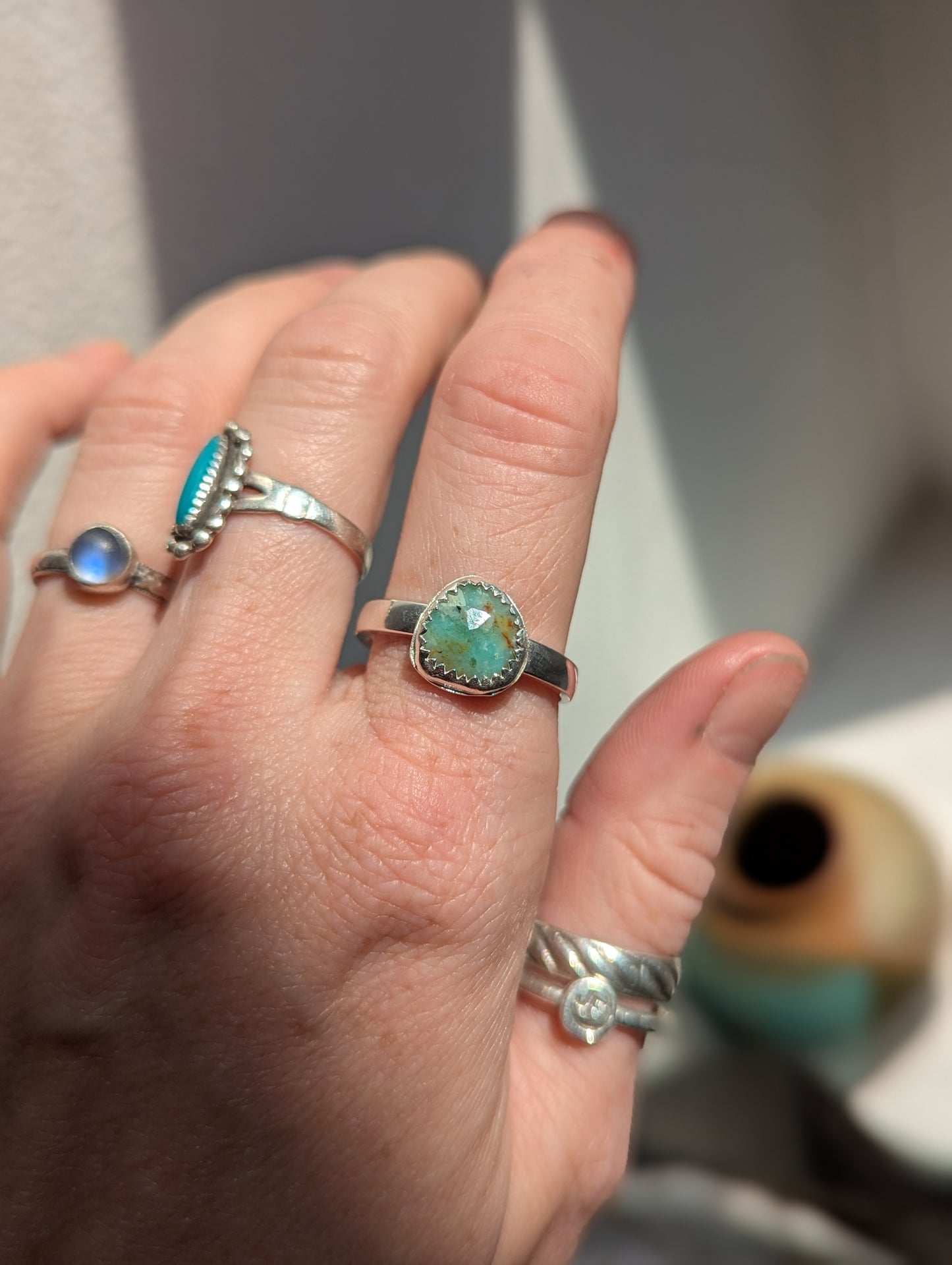 Aqua Peruvian Opal Sterling Silver Ring - Size 9