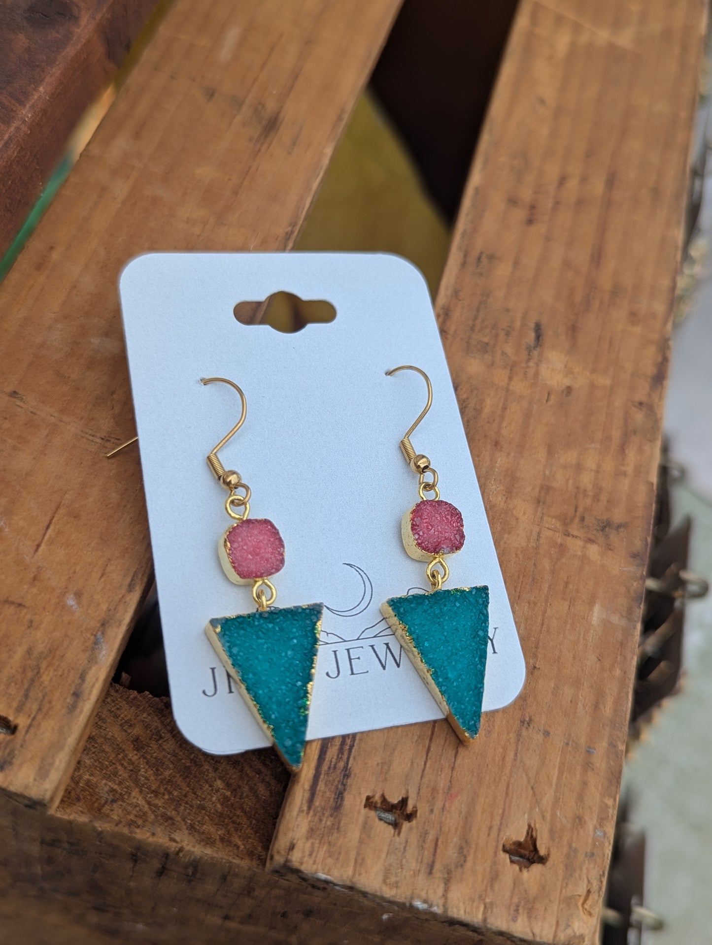 Pink and Teal Druzy Duo Gold Earrings