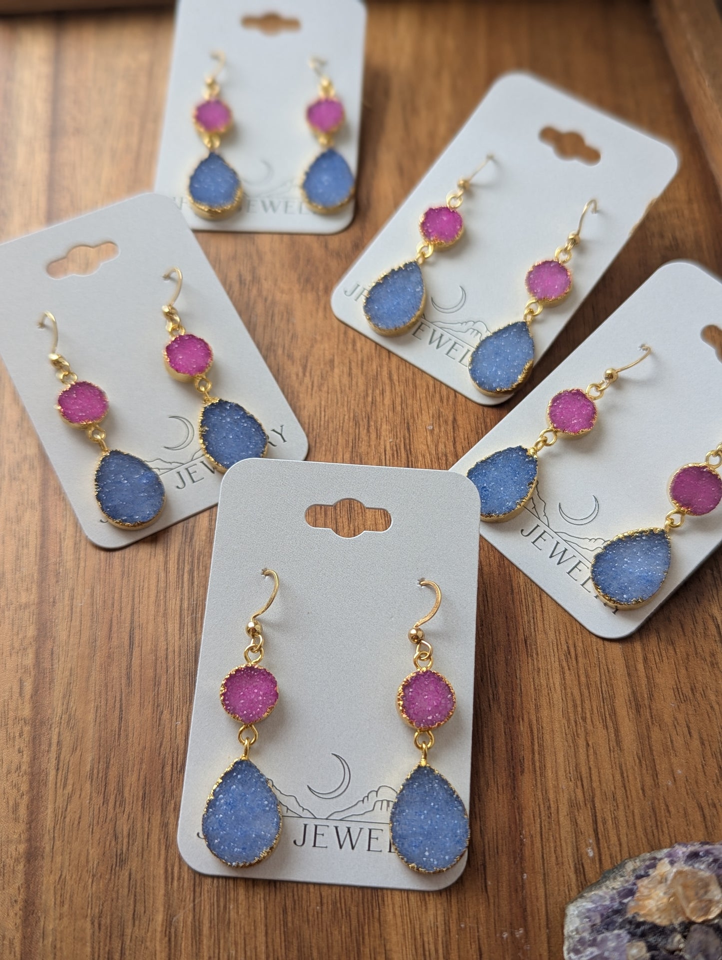 Pink and Purple Druzy Duo Gold Earrings