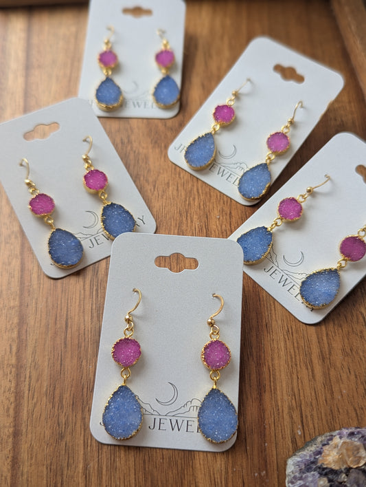 Pink and Purple Druzy Duo Gold Earrings