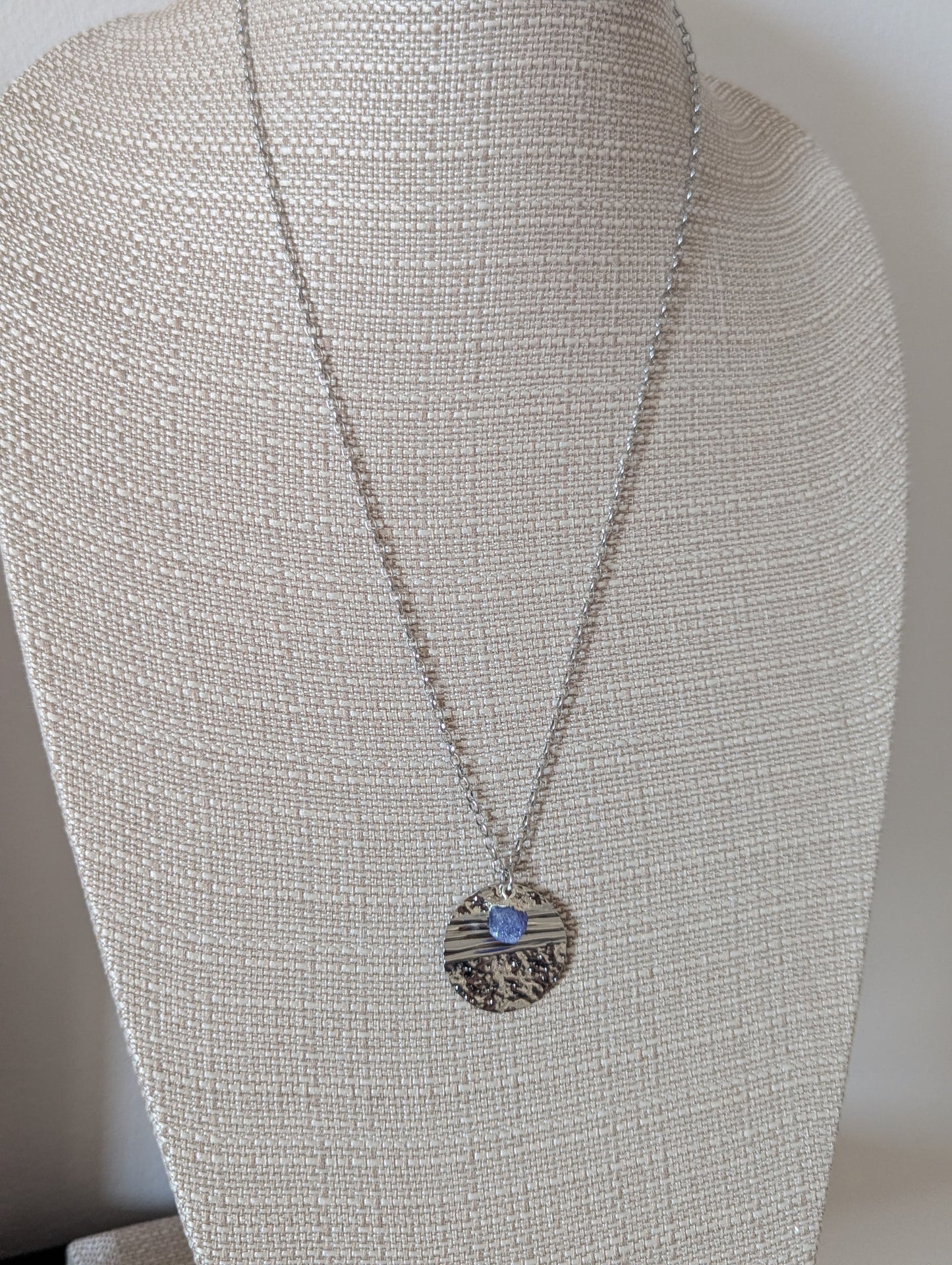 Silver Round Textured Raw Gemstone Silver Necklace