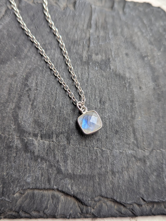Dainty Moonstone Square Sterling Silver Necklace