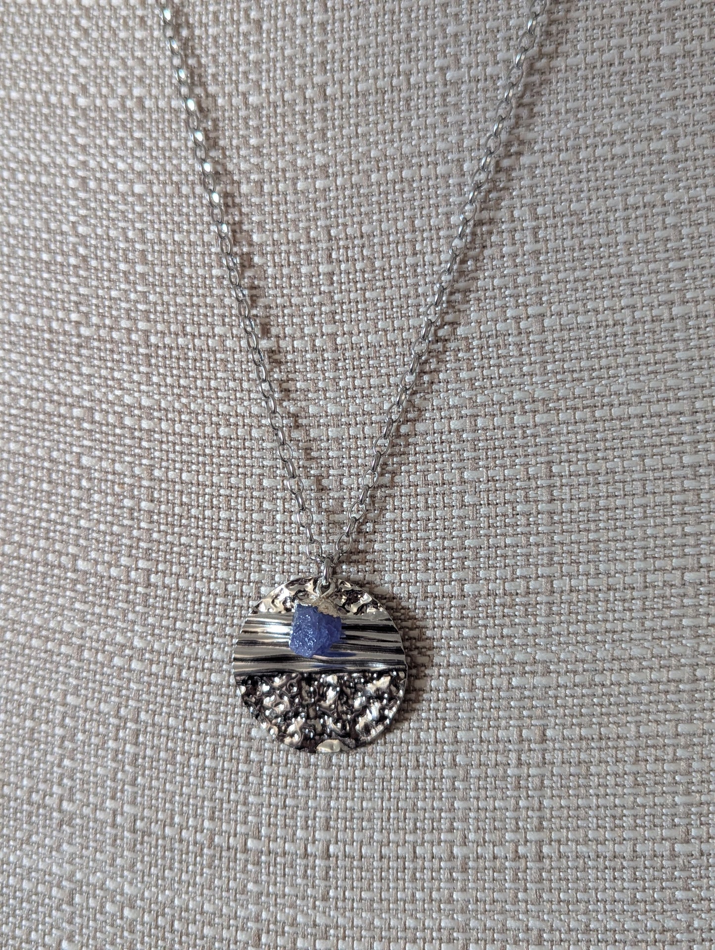 Silver Round Textured Raw Gemstone Silver Necklace