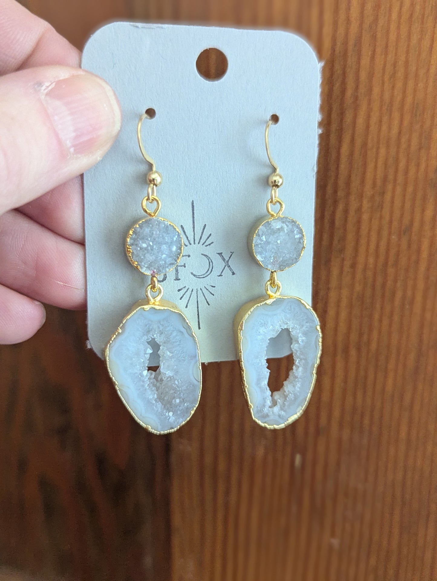 White Druzy and Agate Gold Earrings