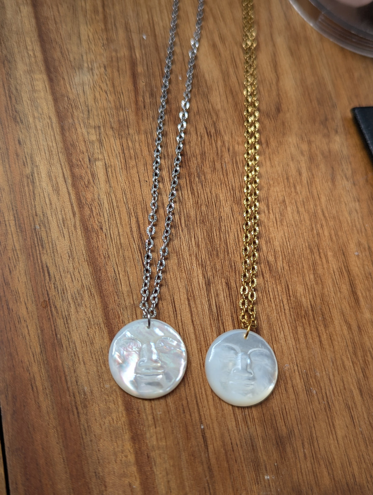Carved Mother of Pearl Full Moon Necklace (Gold or Silver)