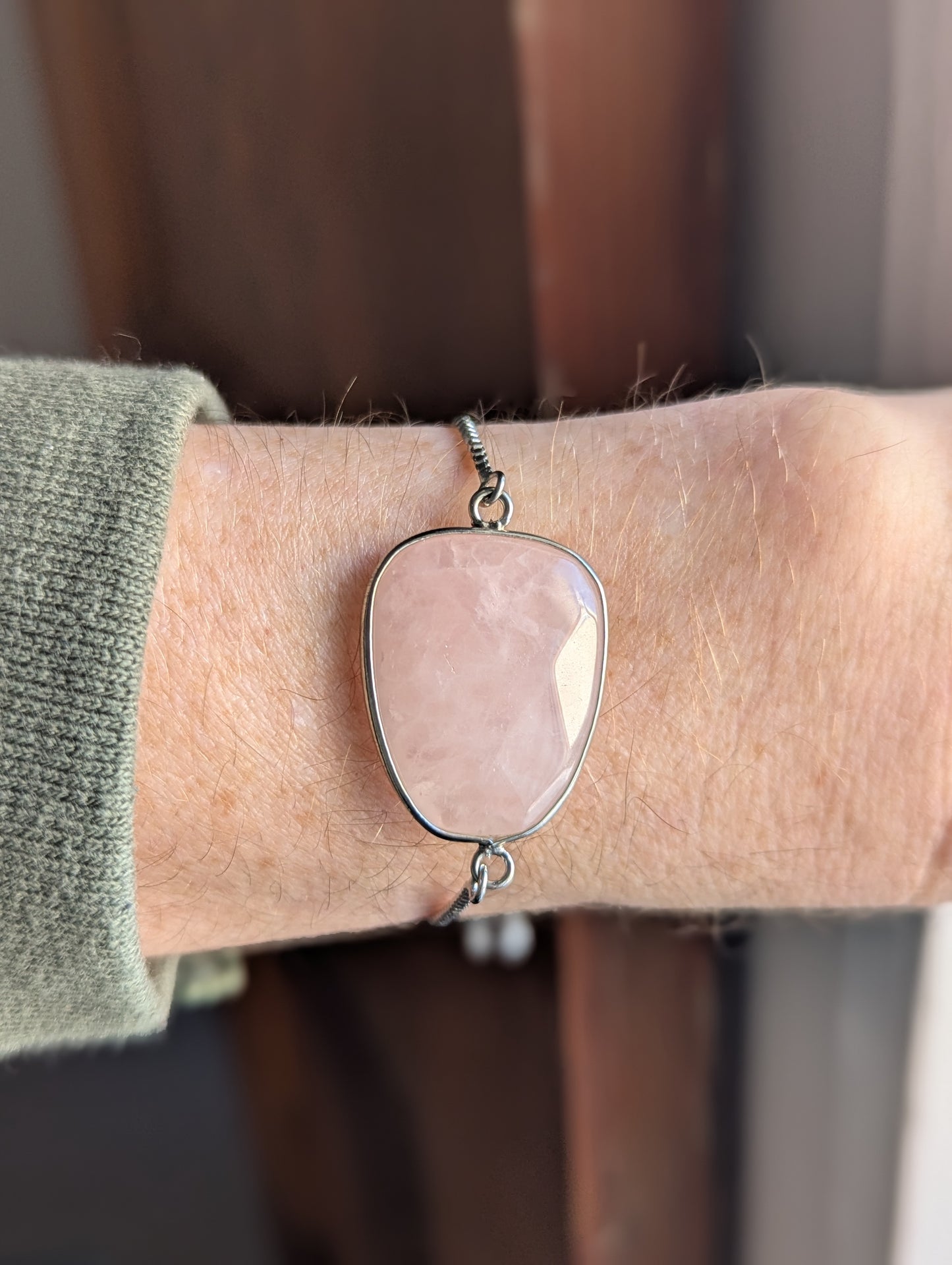 Large Faceted Rose Quartz Silver Slider Bracelet
