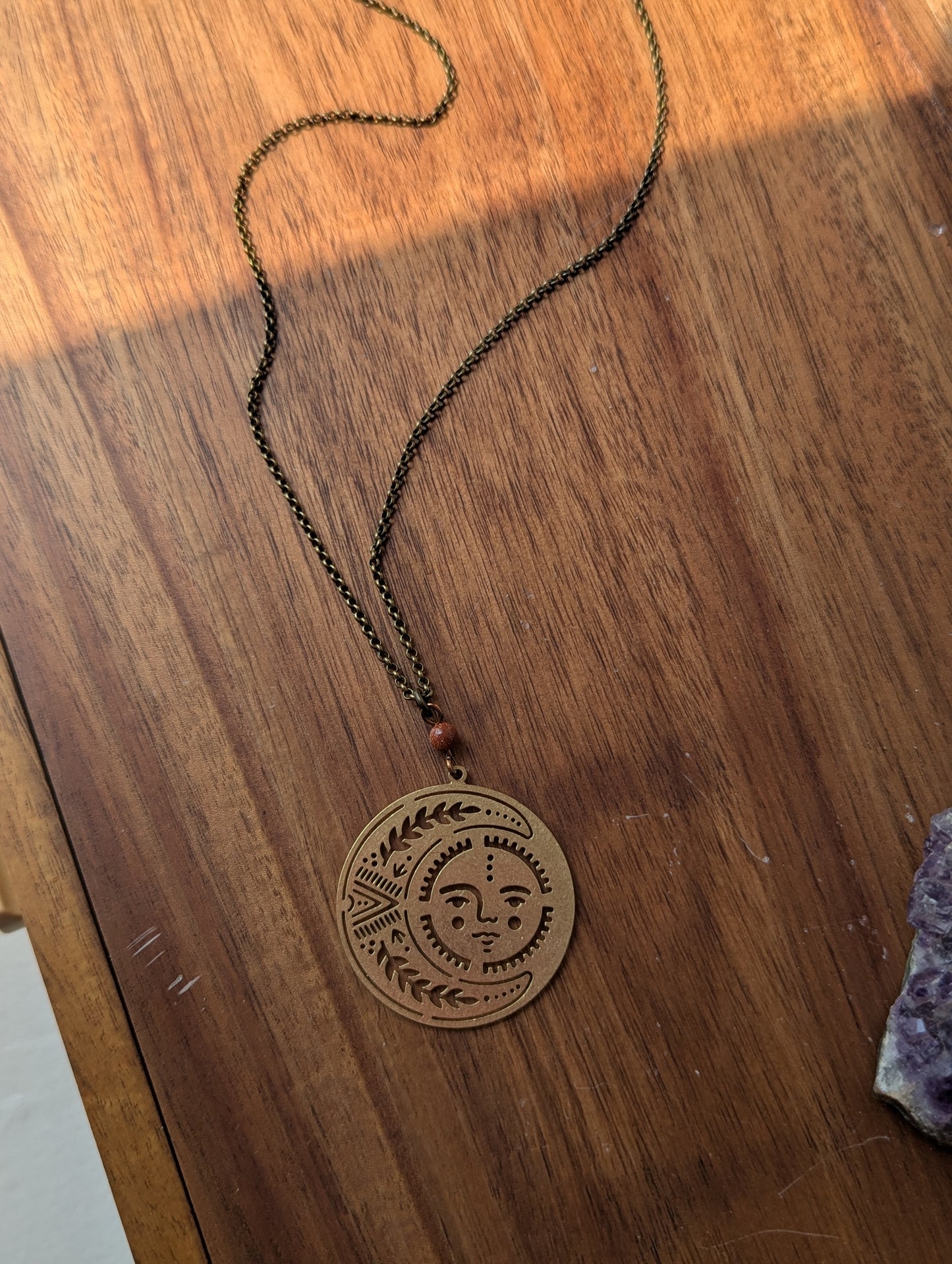 Brass Sun and Moon Red Goldstone Long Necklace