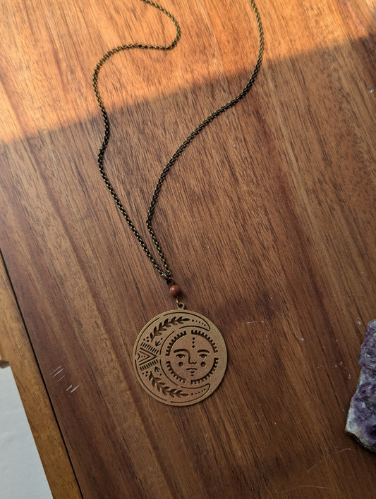 Brass Sun and Moon Red Goldstone Long Necklace