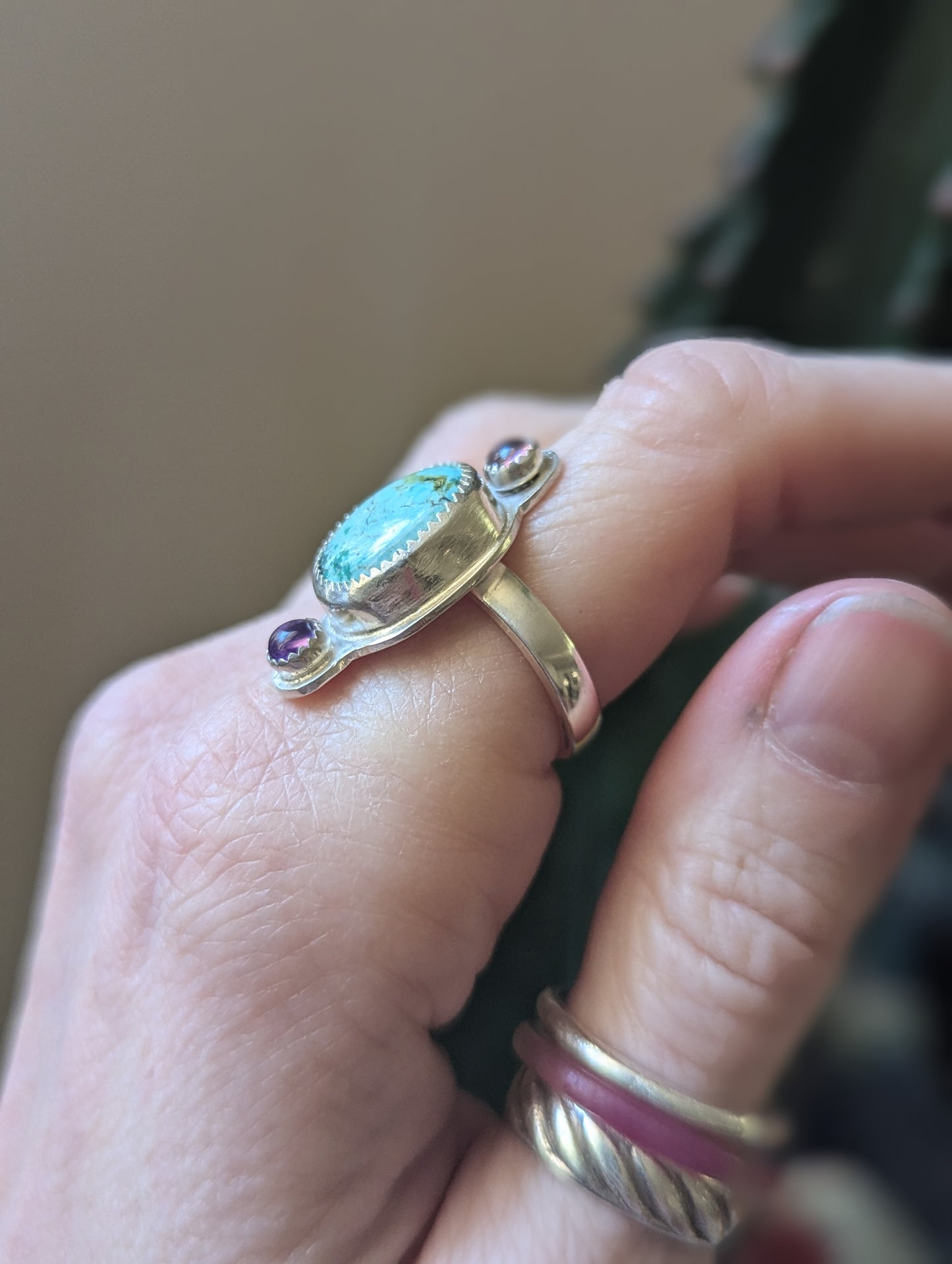 Turquoise and Amethyst Trio Sterling Ring - Size 6