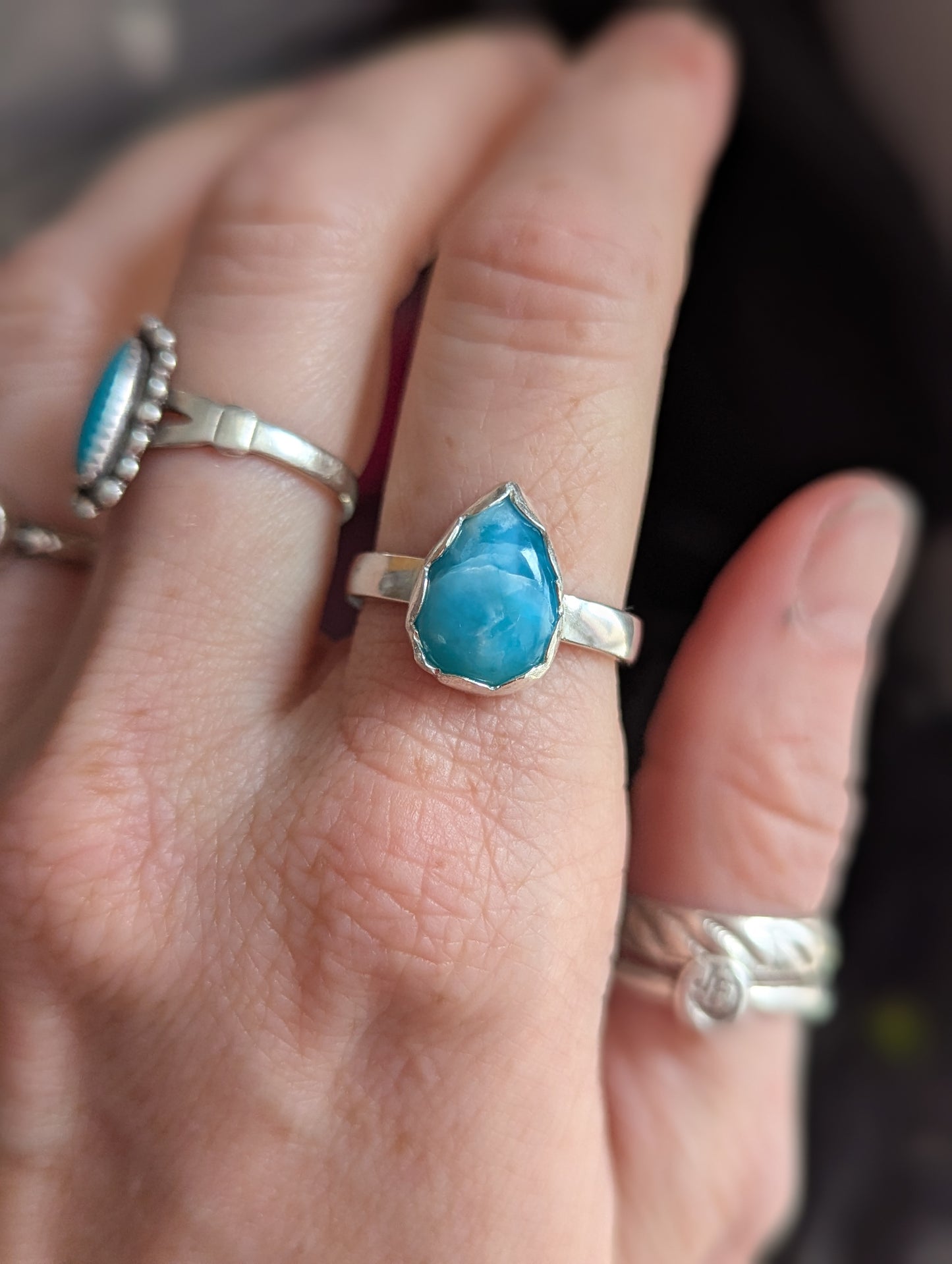 Larimar Tear Drop Sterling Silver Ring - Size 8.5