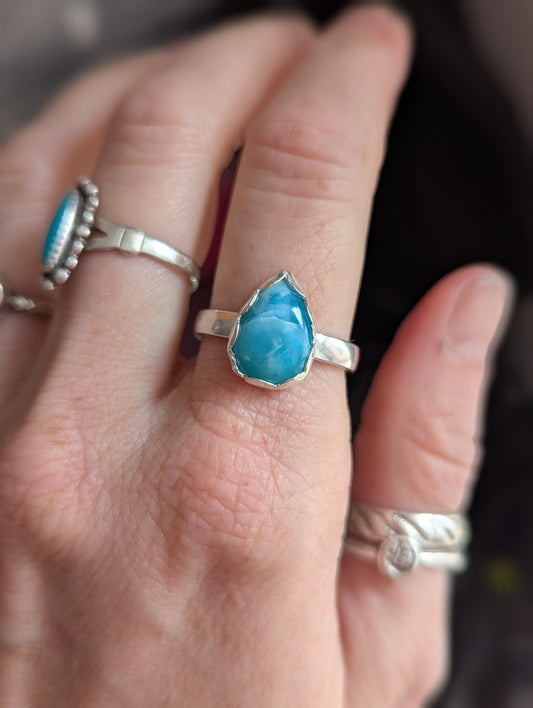 Larimar Tear Drop Sterling Silver Ring - Size 8.5