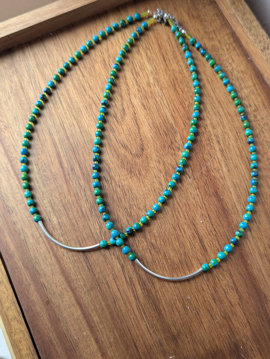 Azurite Chrysocolla Silver Curved Bar Necklace