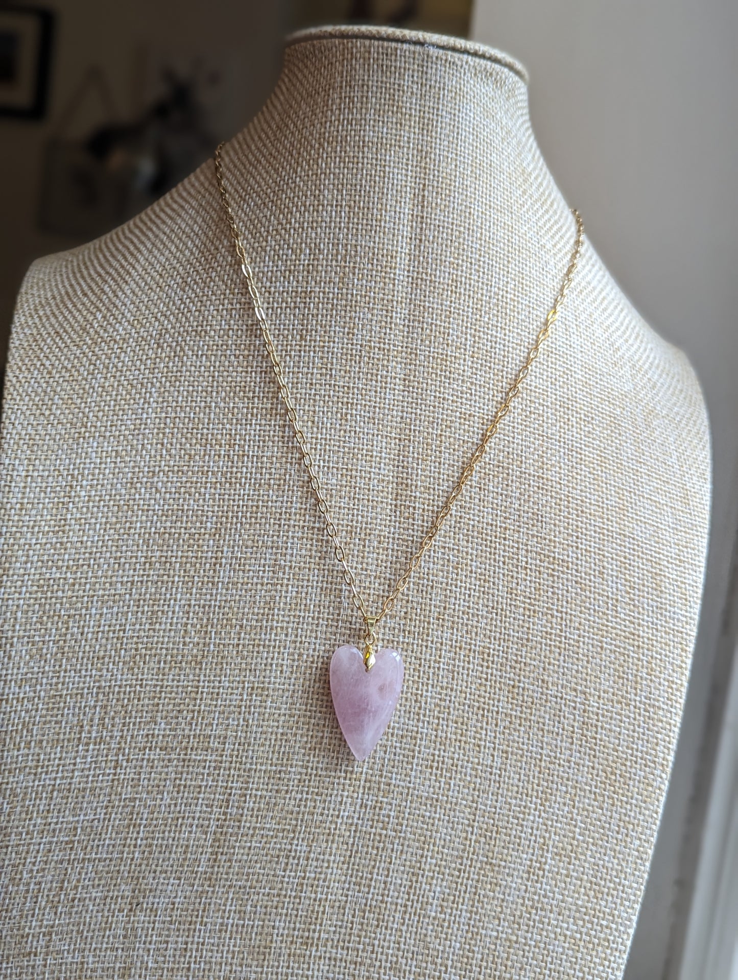 Rose Quartz Heart Pendant (Silver or Gold) Stainless