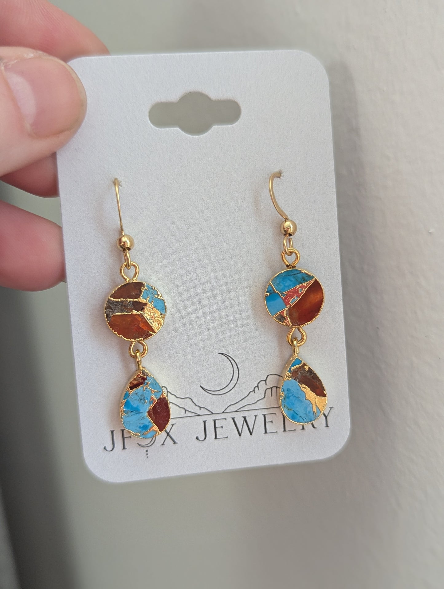 Orange and Turquoise Gold Mosaic Duo Earrings