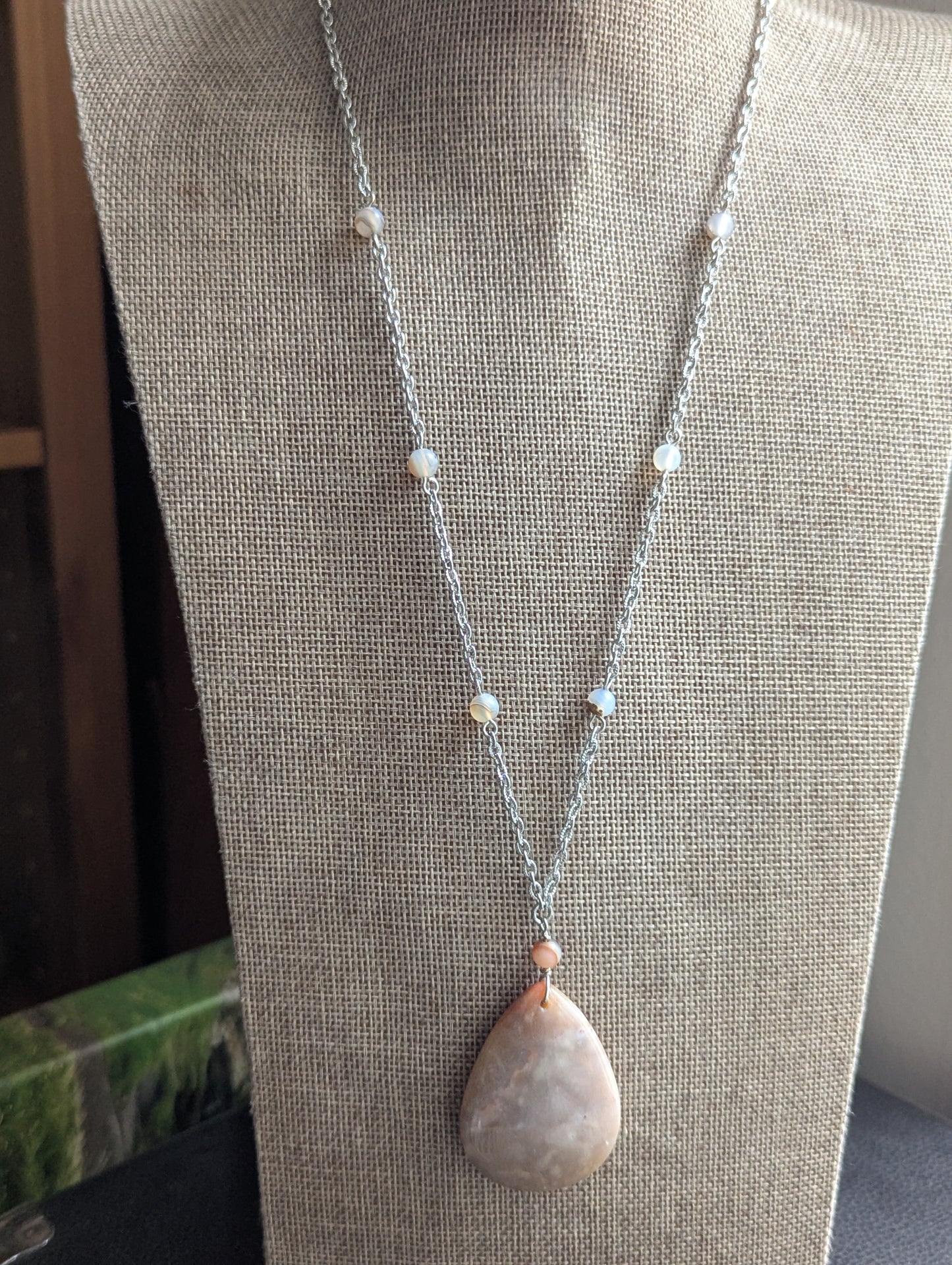 Fossilized Coral and Agate Beaded SIlver Necklace