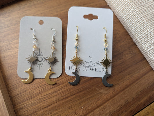 Pendientes de acero inoxidable de metal mixto con luna creciente y rayos de sol